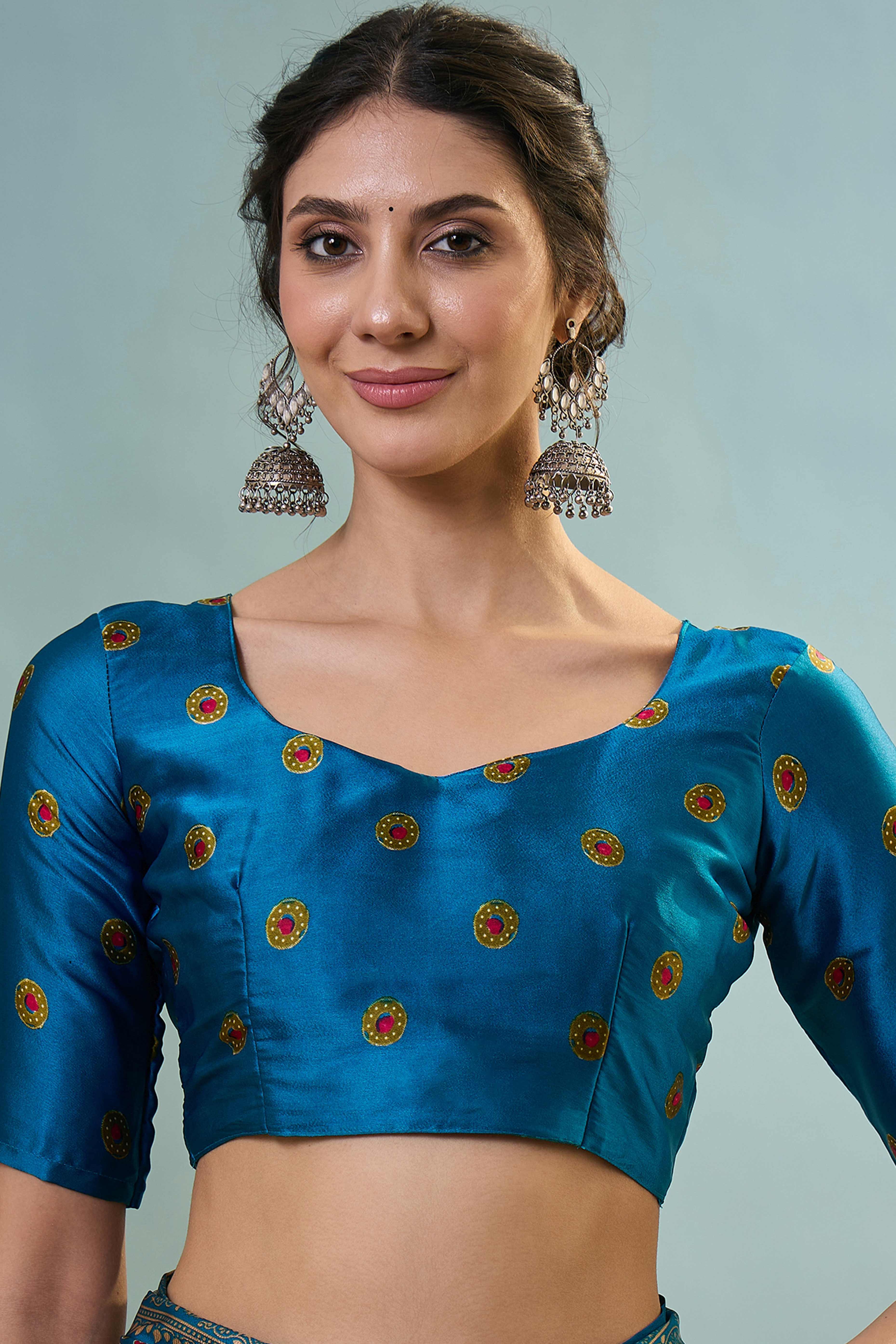 Modern Teal Striped Printed Modal Satin Saree with Luxurious Flow and Shine - Image 9