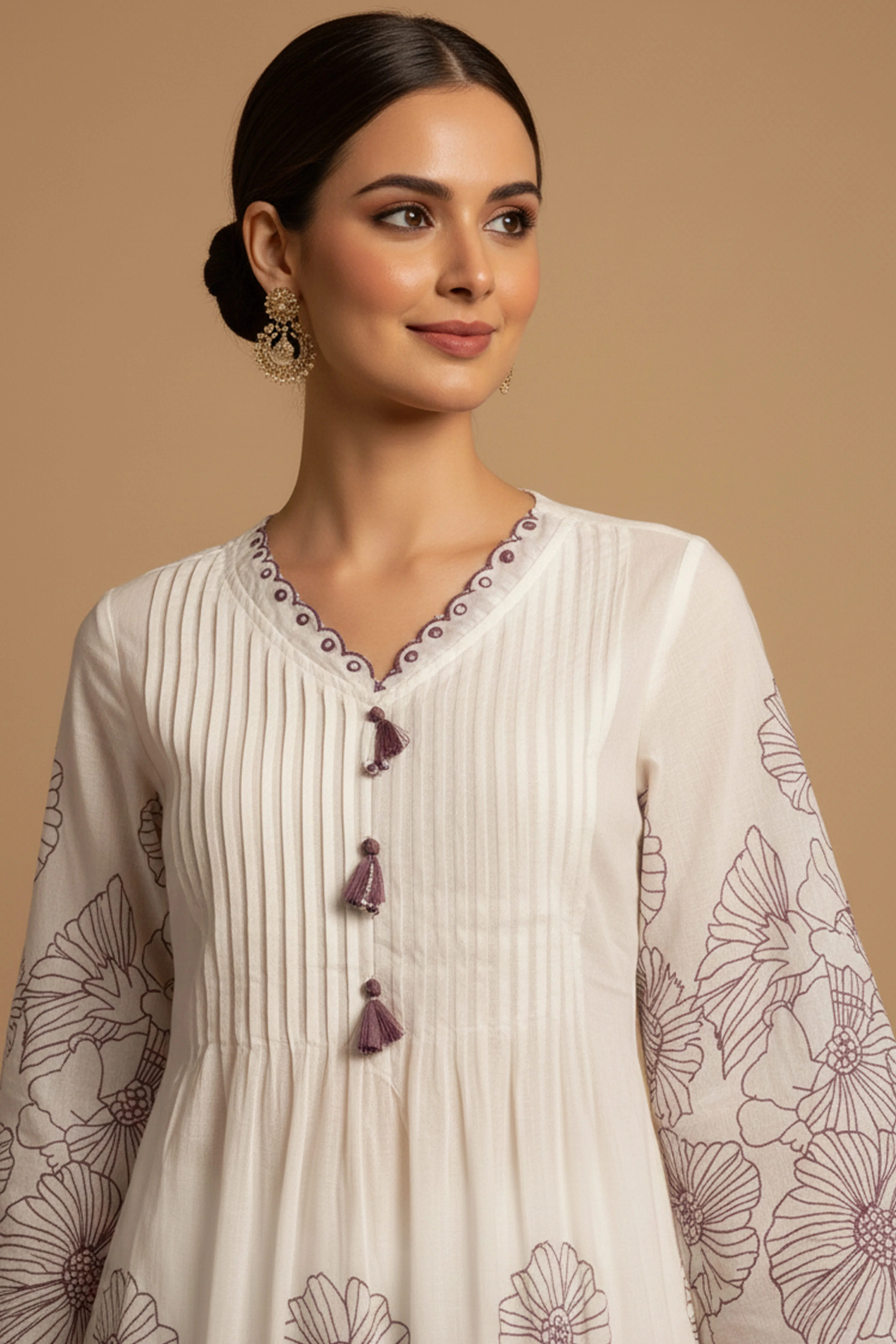 Modern White Pure Cotton A-Line Top Bottom Set Highlighted with Elegant Floral Prints - Image 2