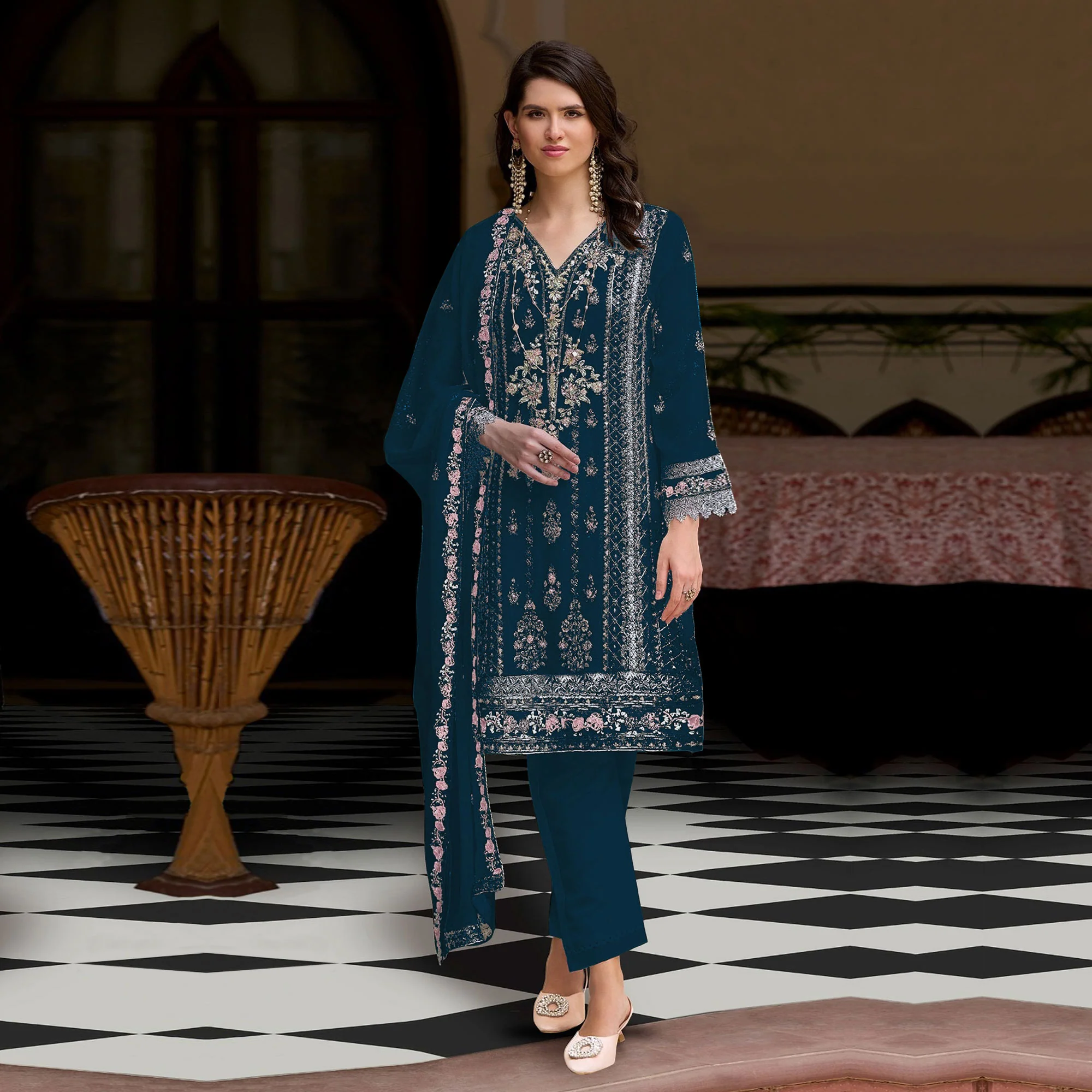 Moprich Floral Sequins Embroidered Georgette Semi Stitched Pakistani Suit - Image 2
