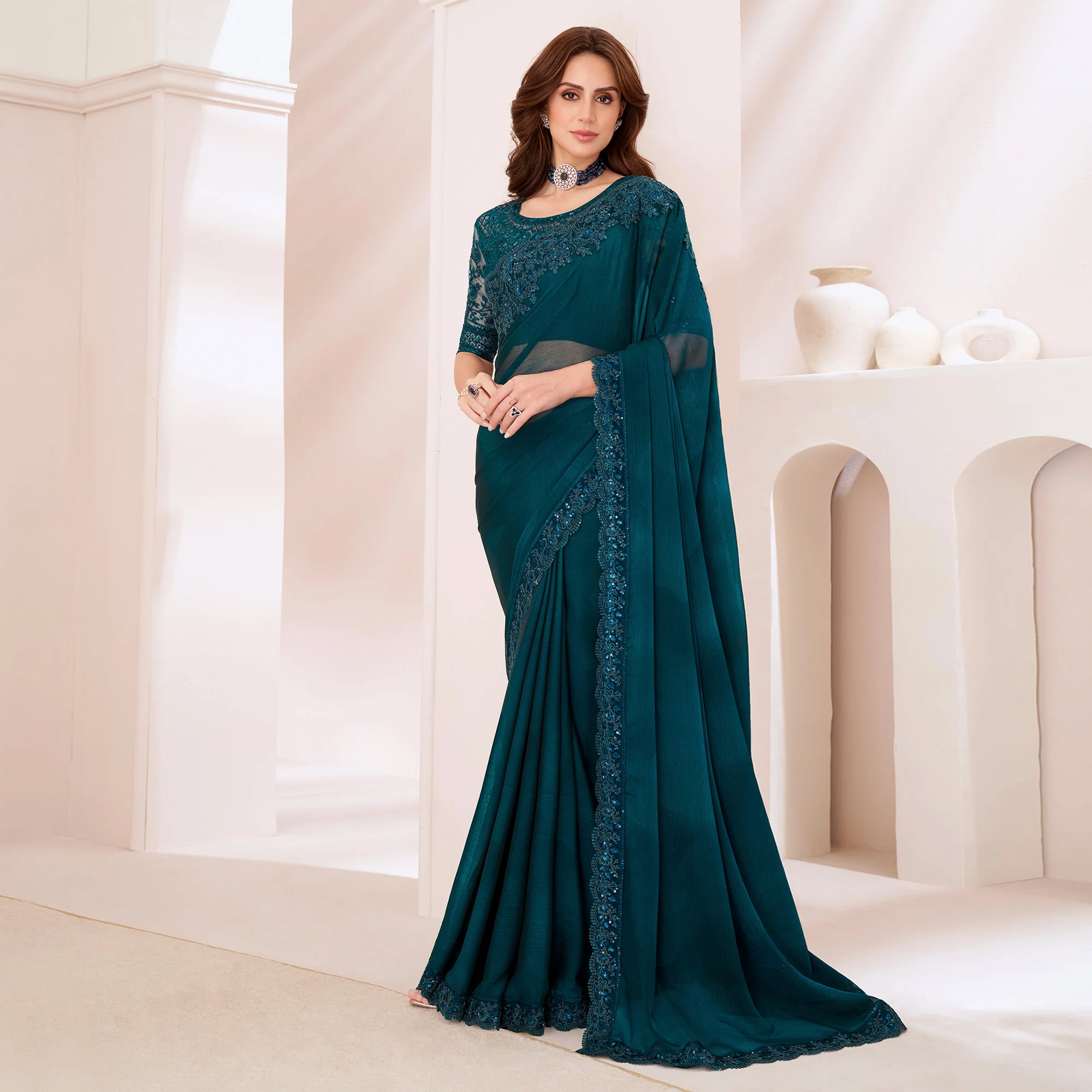 Morpich Blue Embroidered Chiffon Saree - Image 2