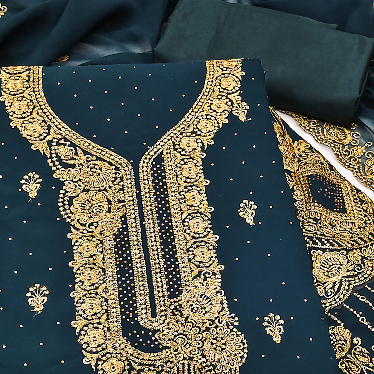 Morpich Blue Embroidered With Swarovski Work Georgette Dress Material - Image 2