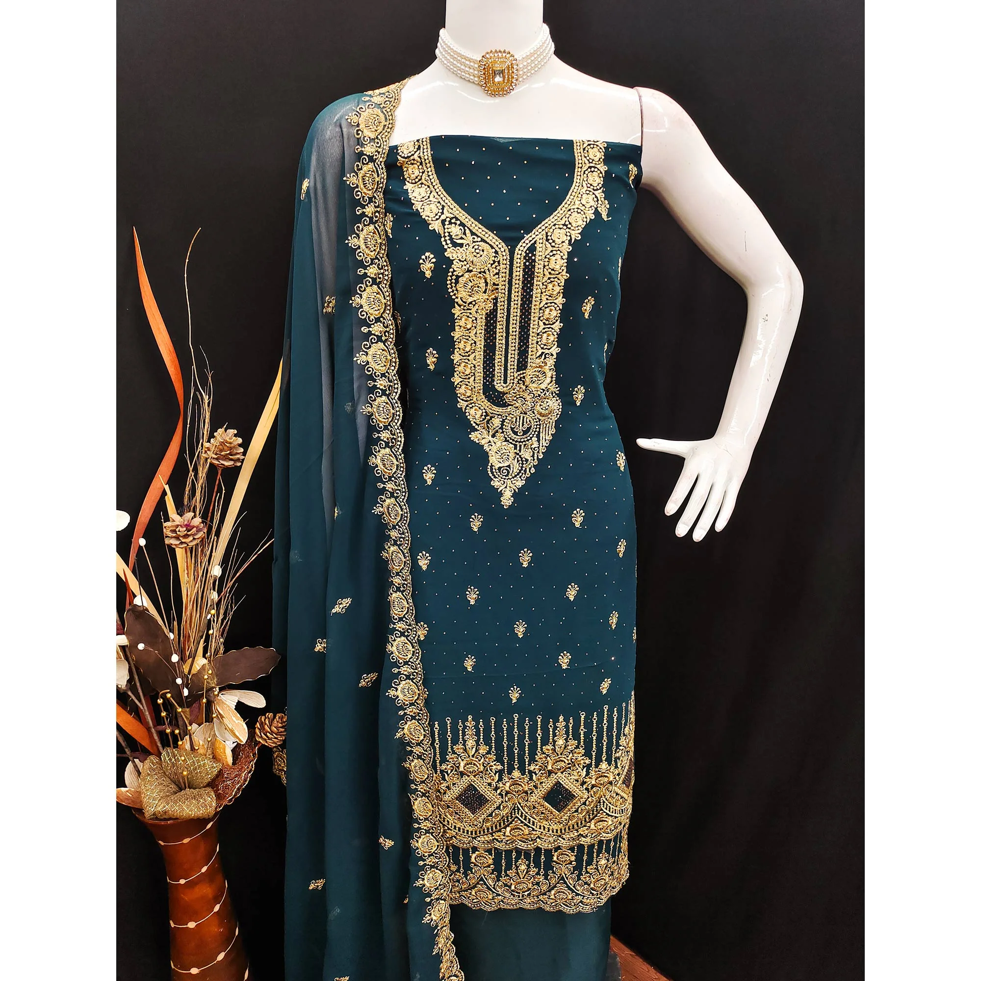 Morpich Blue Embroidered With Swarovski Work Georgette Dress Material - Image 4