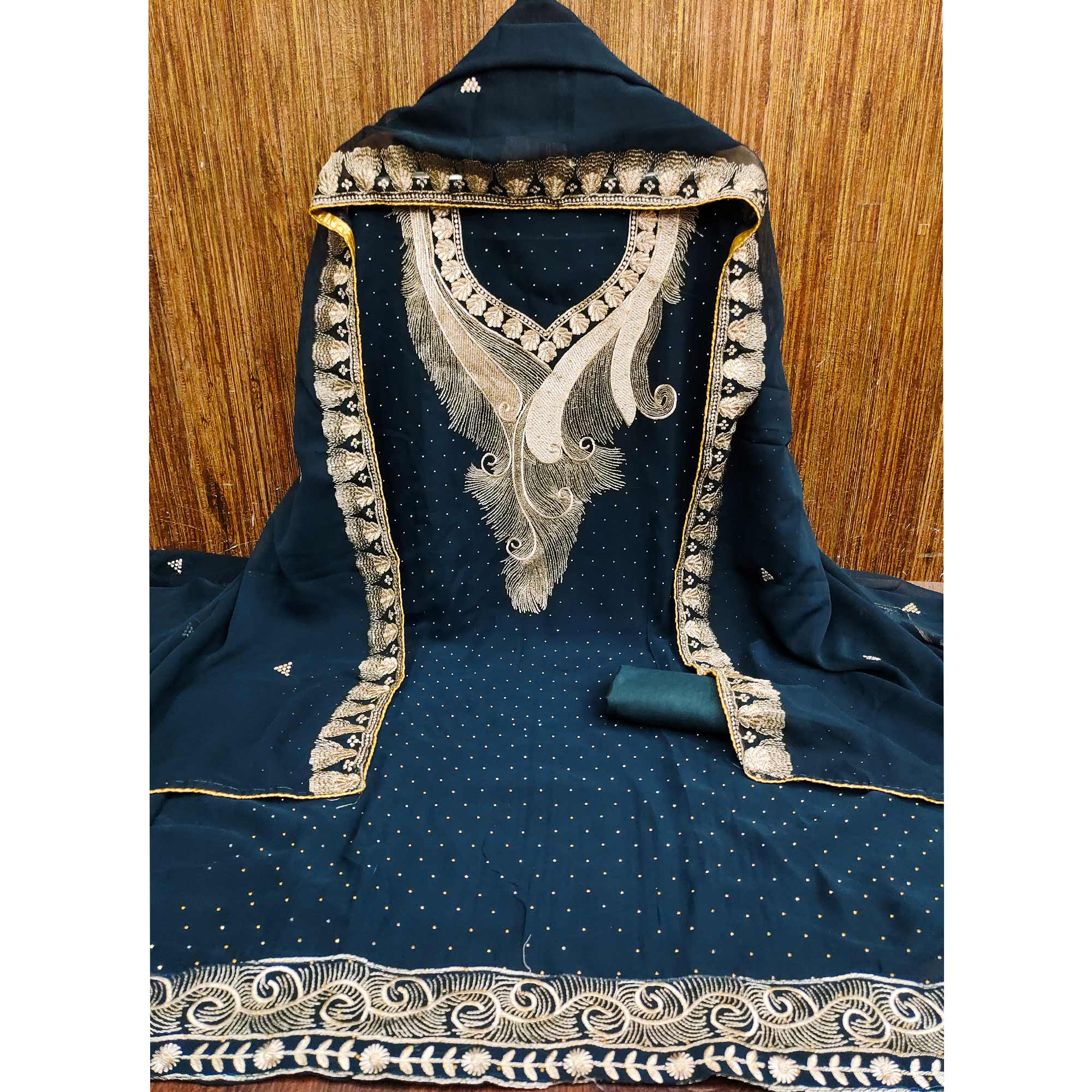 Morpich Blue Embroidered With Swarovski Work Georgette Dress Material - Image 3