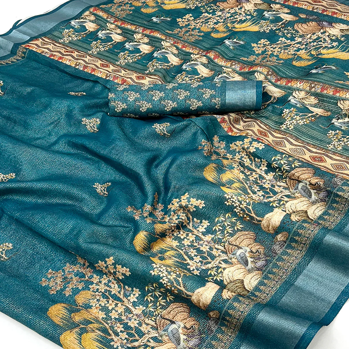 Morpich Blue Floral Digital Printed Cotton Blend Weaving Zari Saree With Tassel Pallu - Image 2