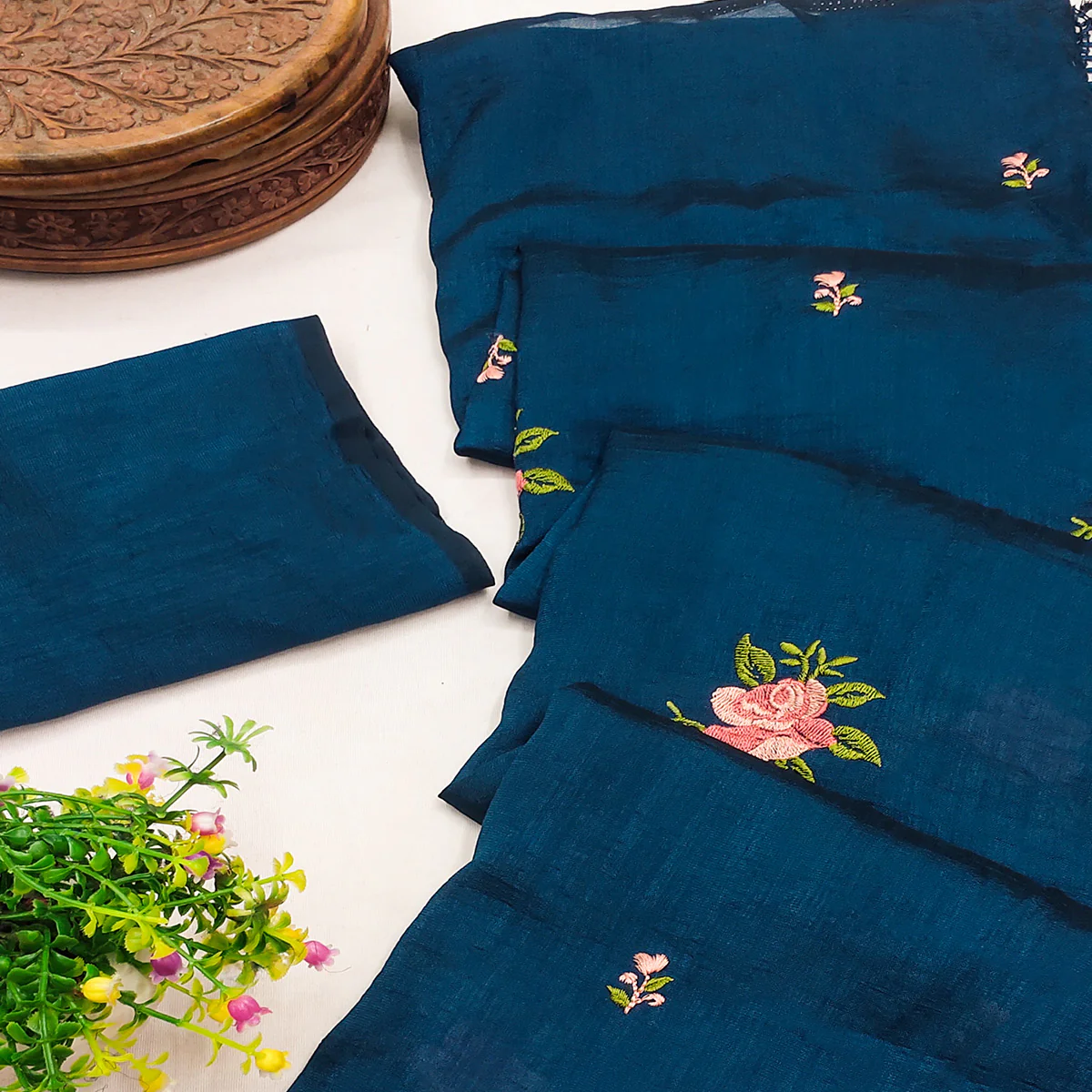 Morpich Blue Floral Embroidered Vichitra Silk Saree With Tassels - Image 2