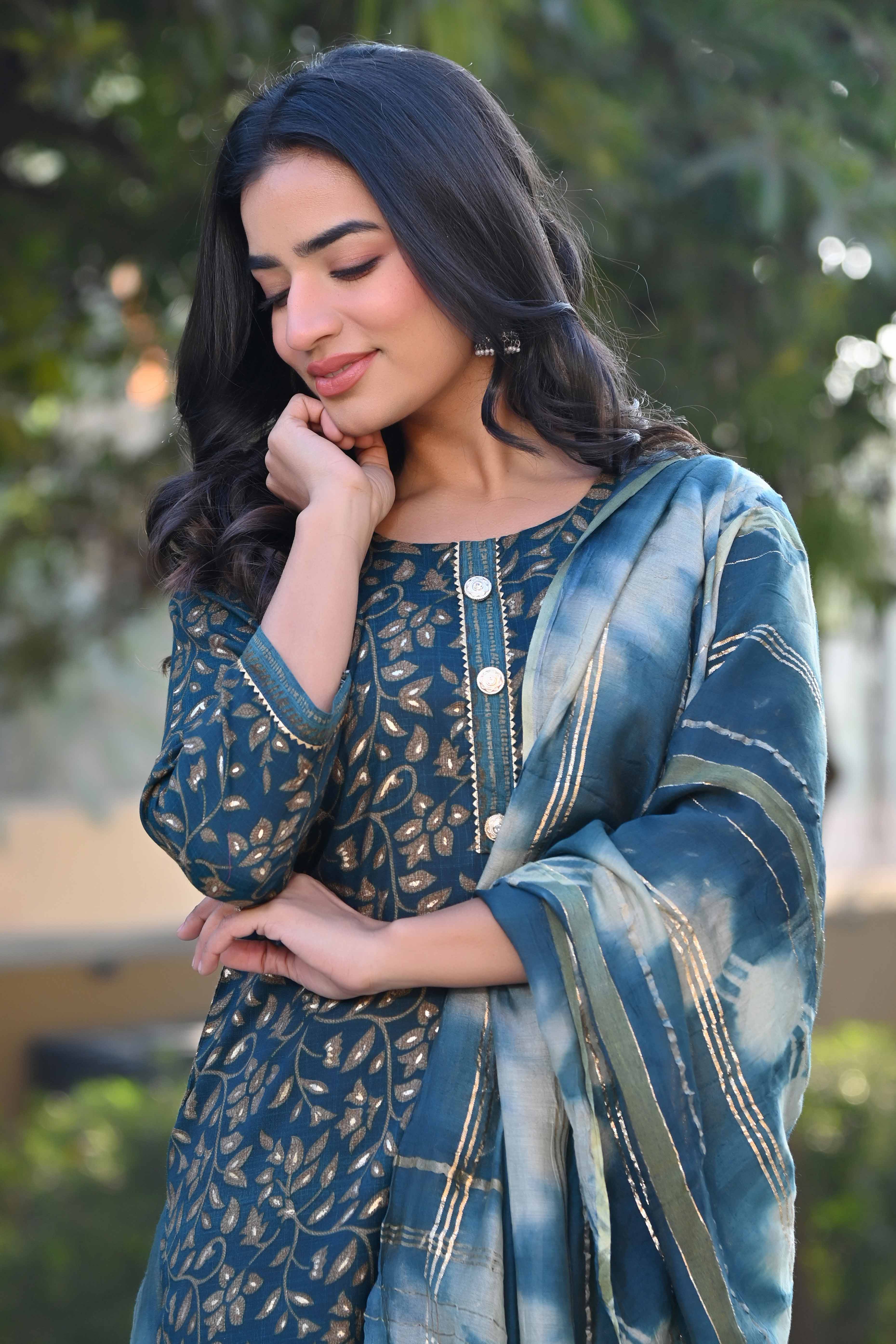 Morpich Blue Floral Foil Printed Rayon Salwar Suit - Image 8