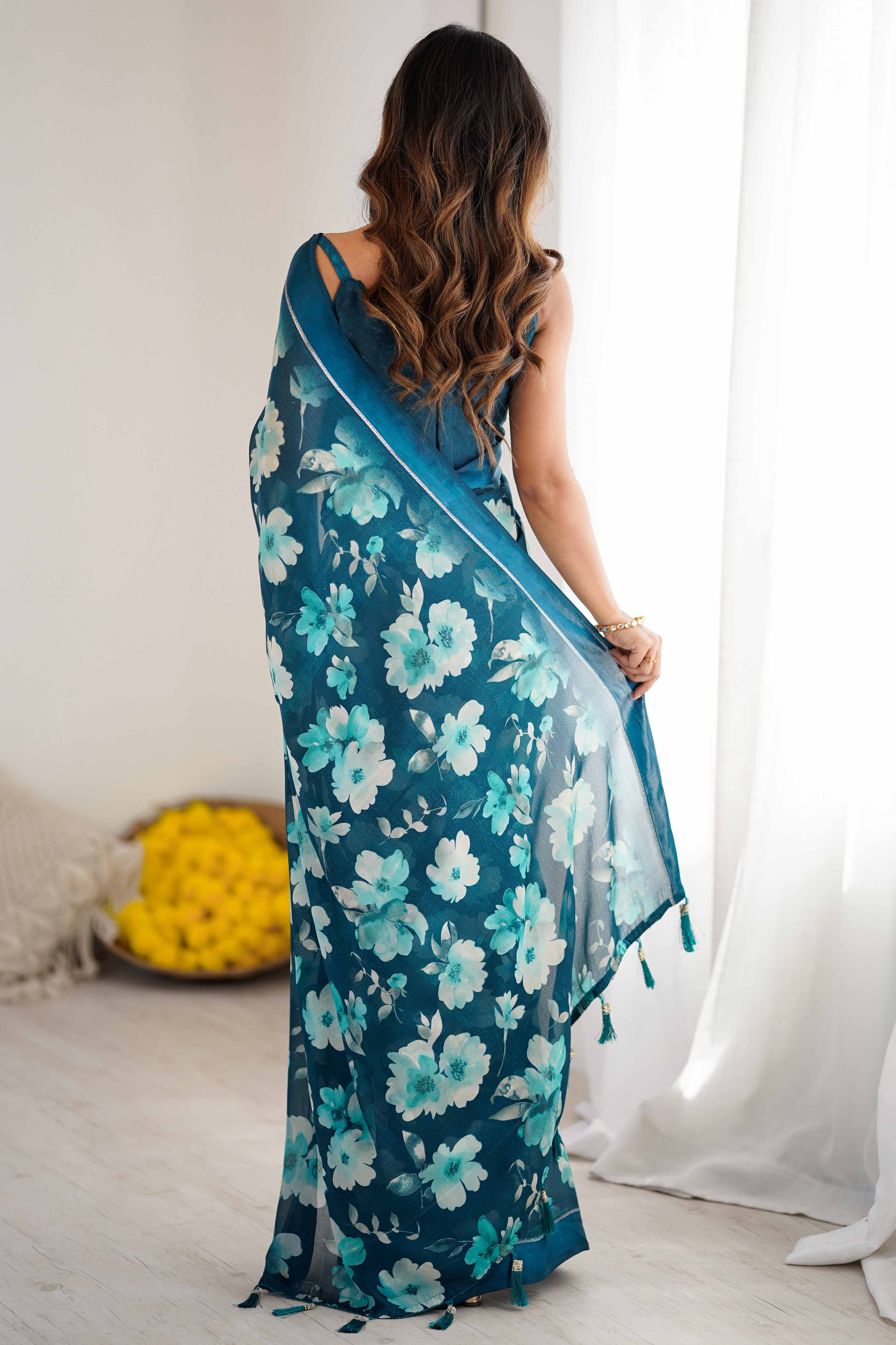 Morpich Blue Floral Printed Moss Silk Blend Saree Adorned With Playful Tassel Pallu - Image 6