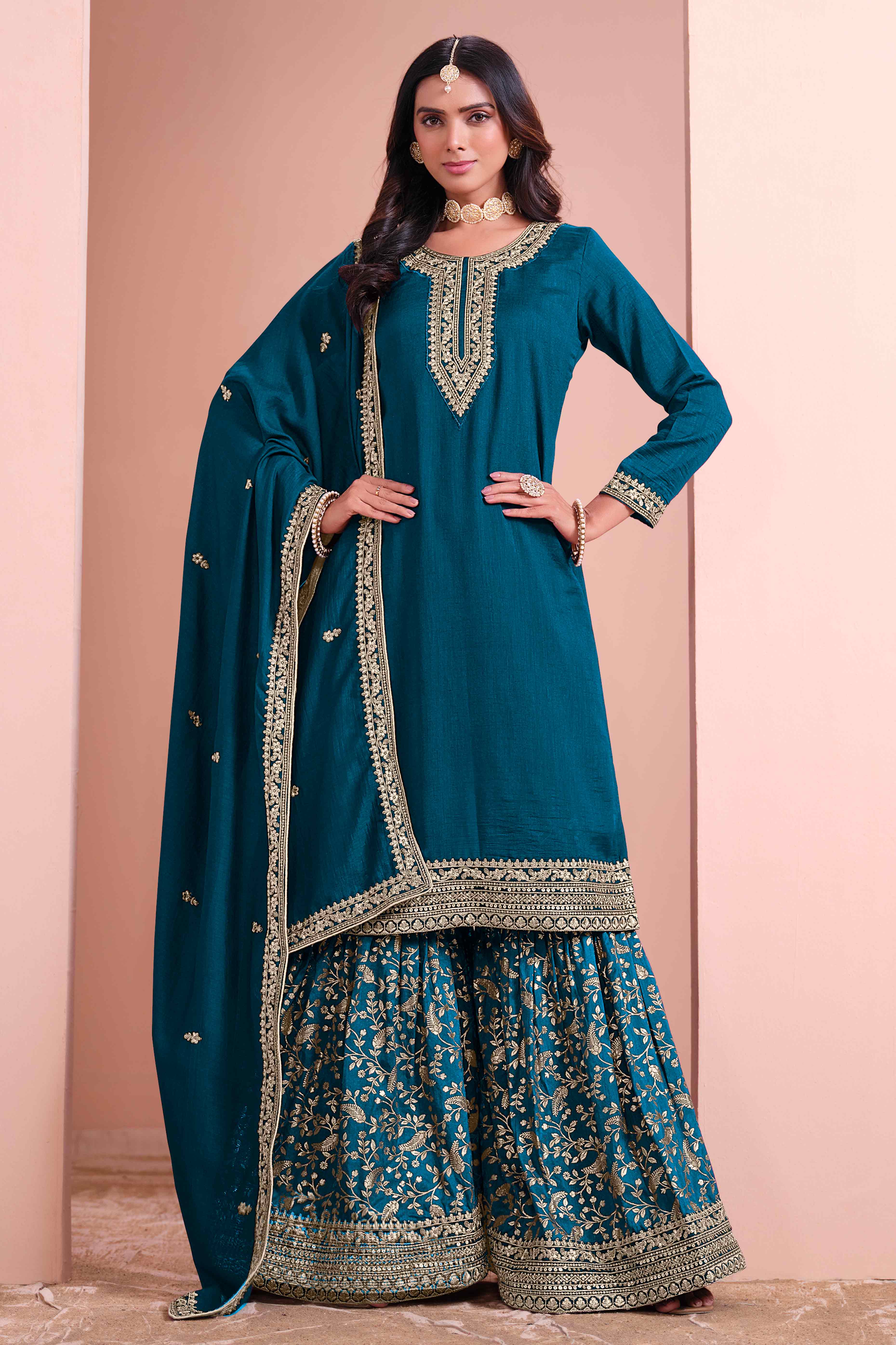Morpich Floral Semi-Stitched Art Silk Sharara Suit With Sequins Embroidery Work - Image 3