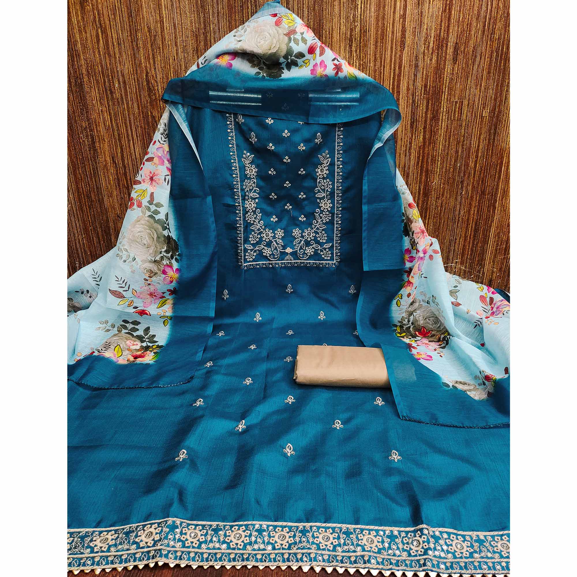 Morpich Blue Floral Sequins Embroidered Cotton Blend Dress Material - Image 3