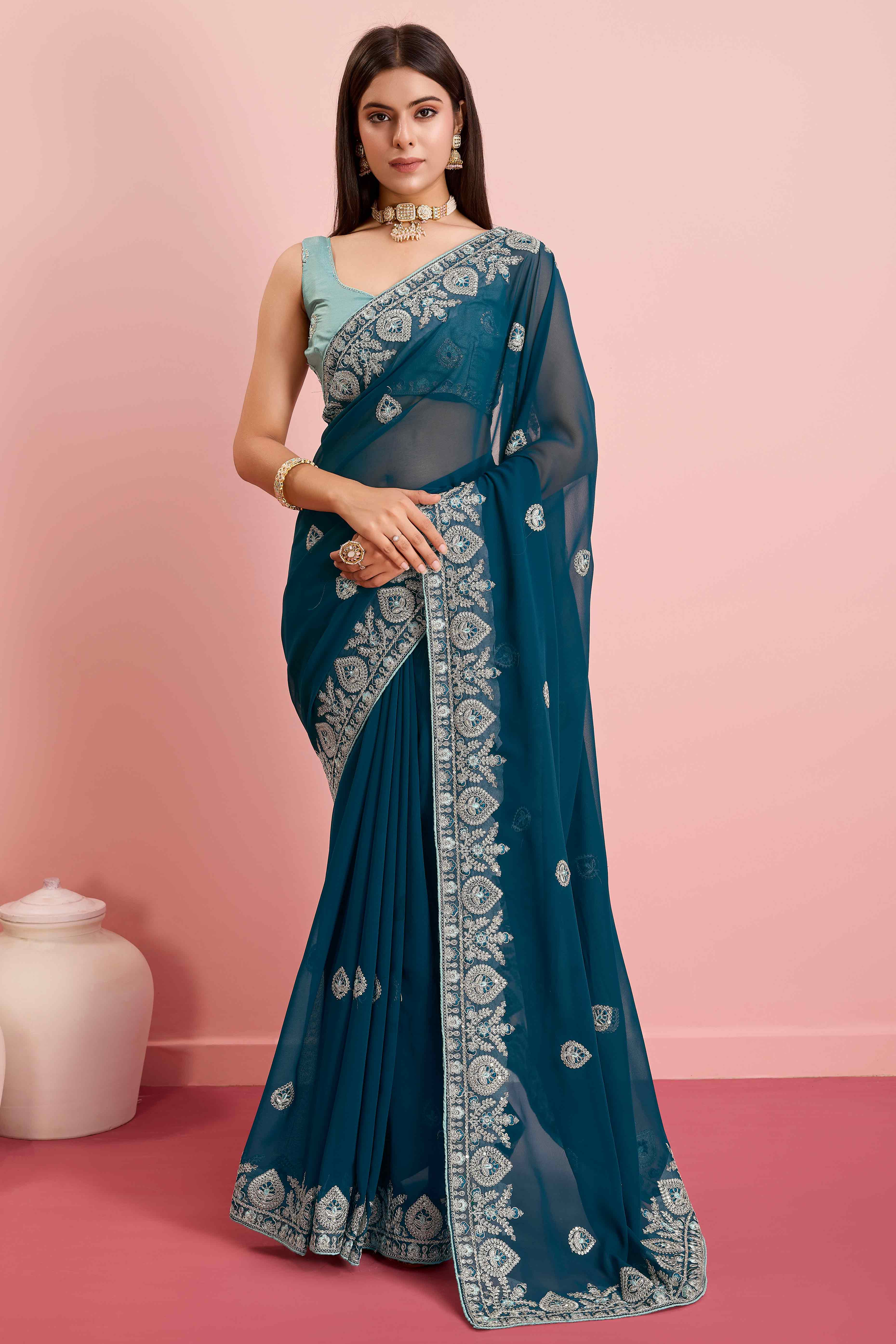 Morpich Blue Floral Sequins Embroidered Georgette Saree - Image 3