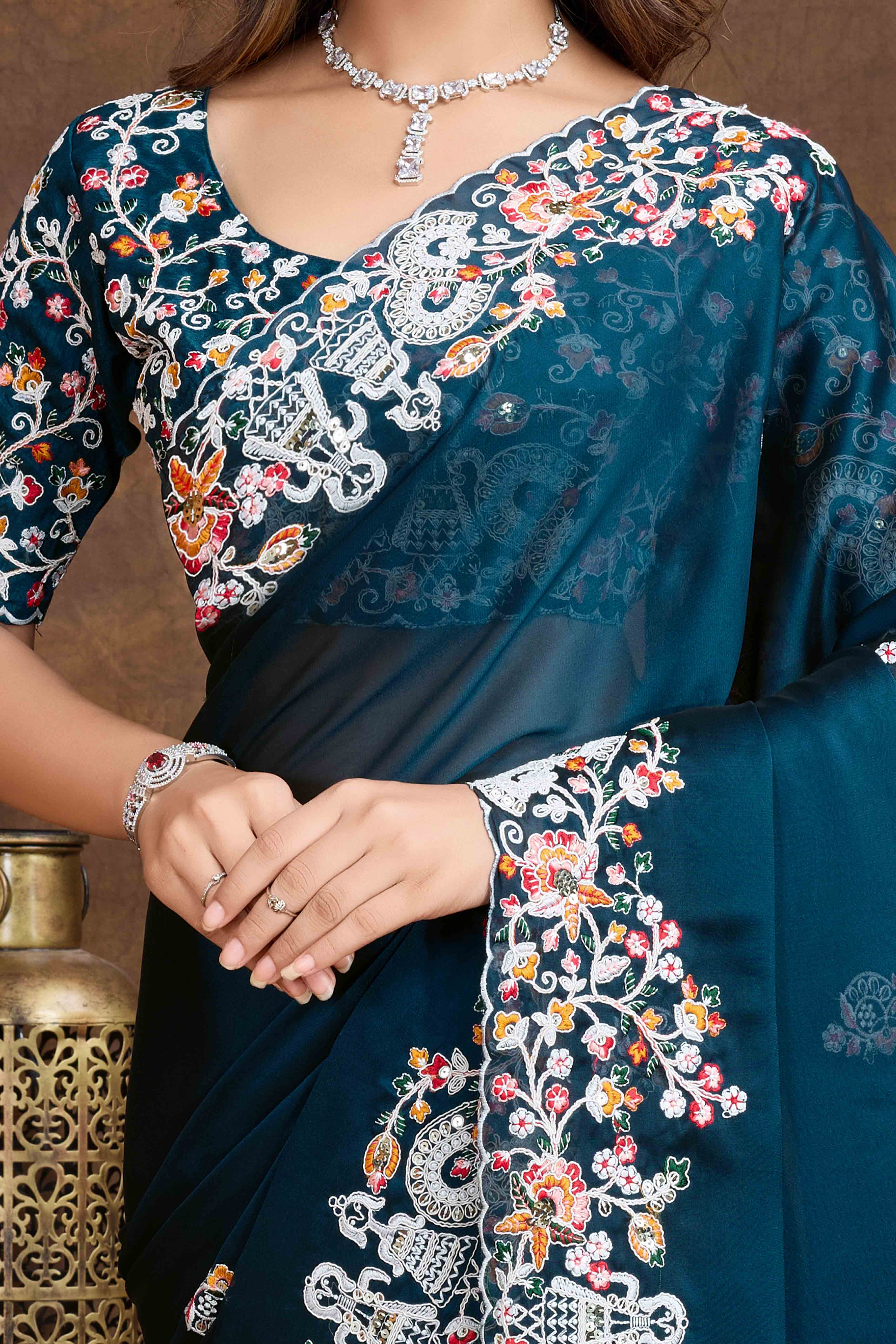 Morpich Blue Floral Sequins Embroidered Vichitra Rangoli Silk Saree - Image 2
