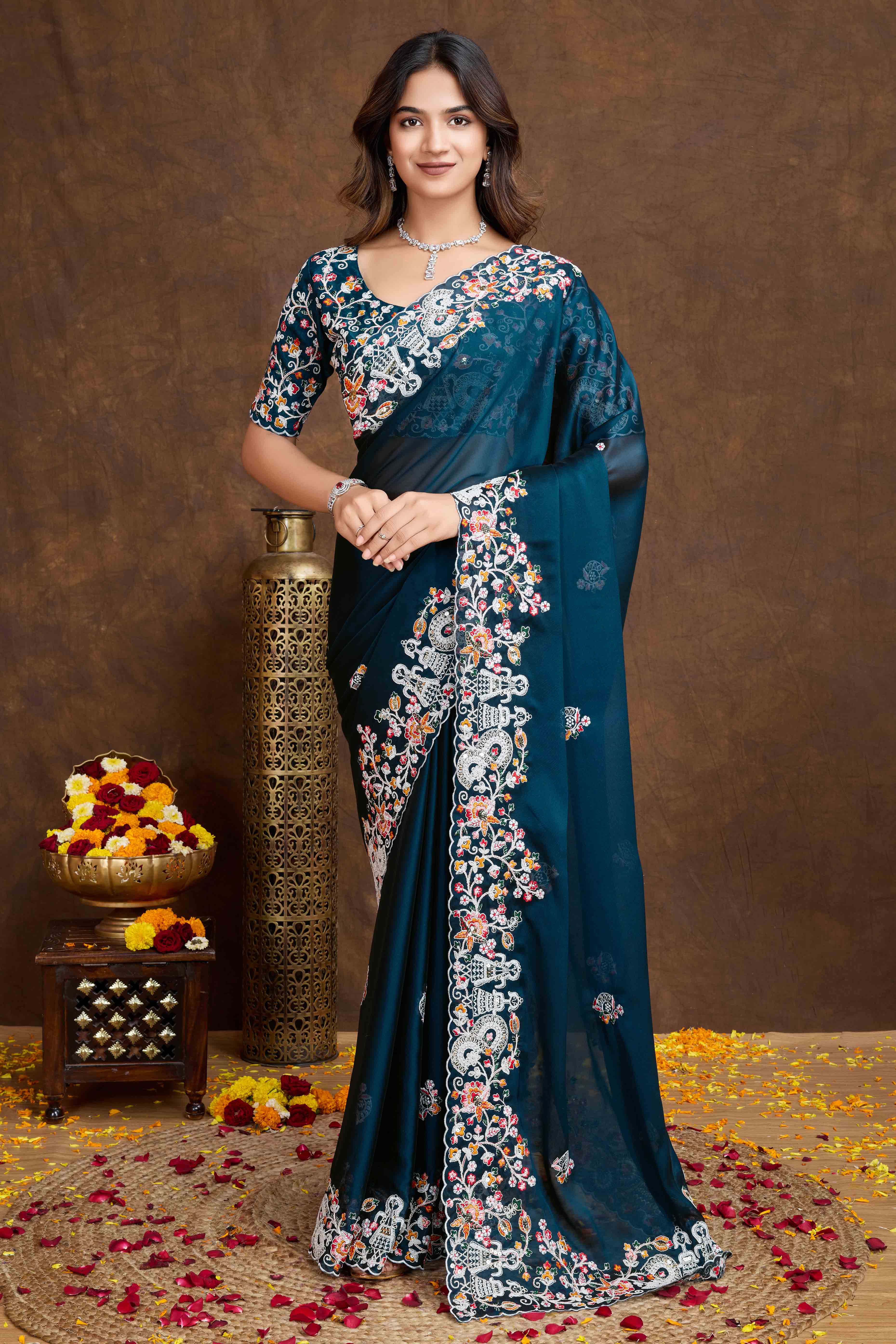 Morpich Blue Floral Sequins Embroidered Vichitra Rangoli Silk Saree - Image 3