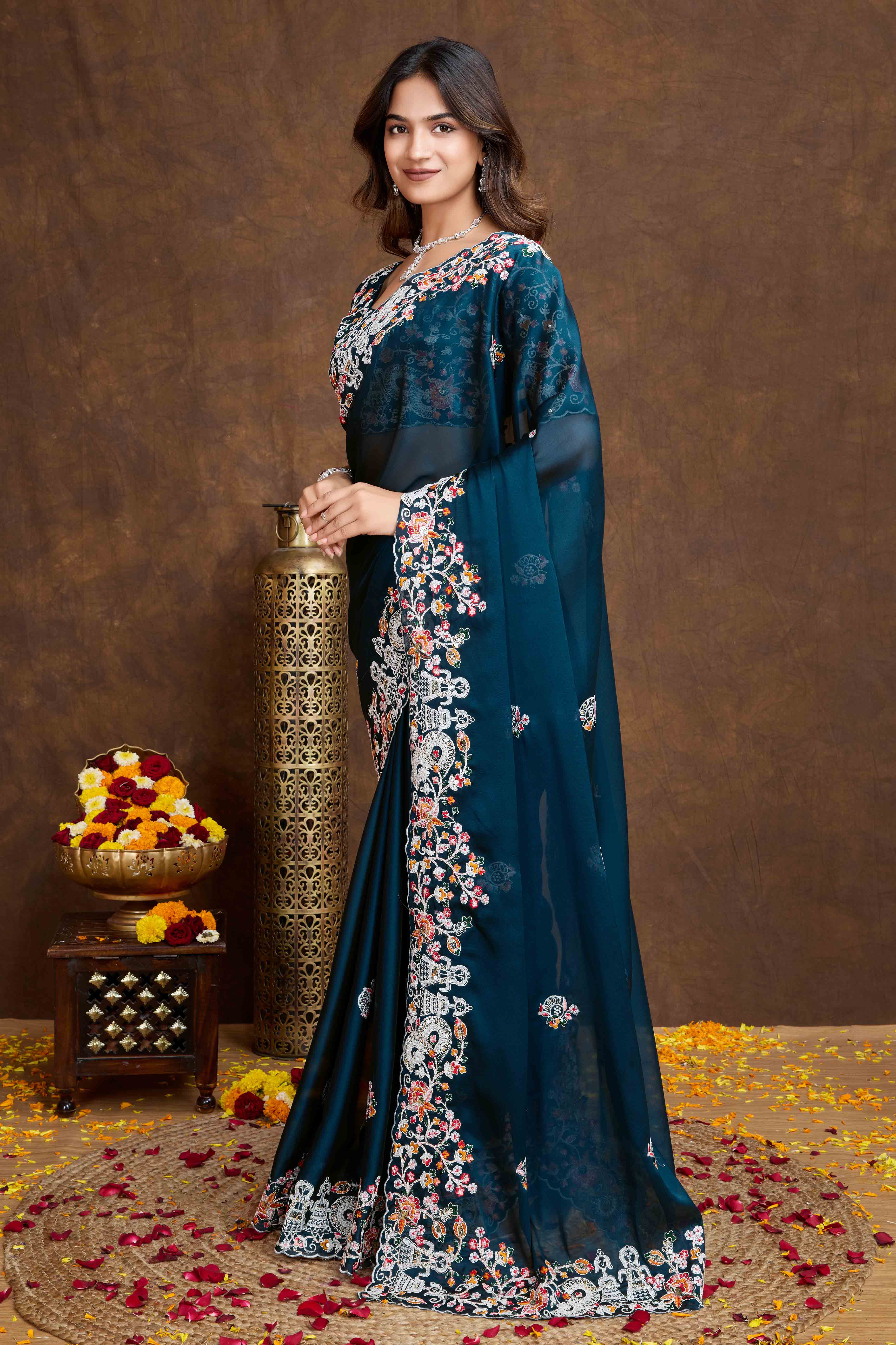 Morpich Blue Floral Sequins Embroidered Vichitra Rangoli Silk Saree - Image 4