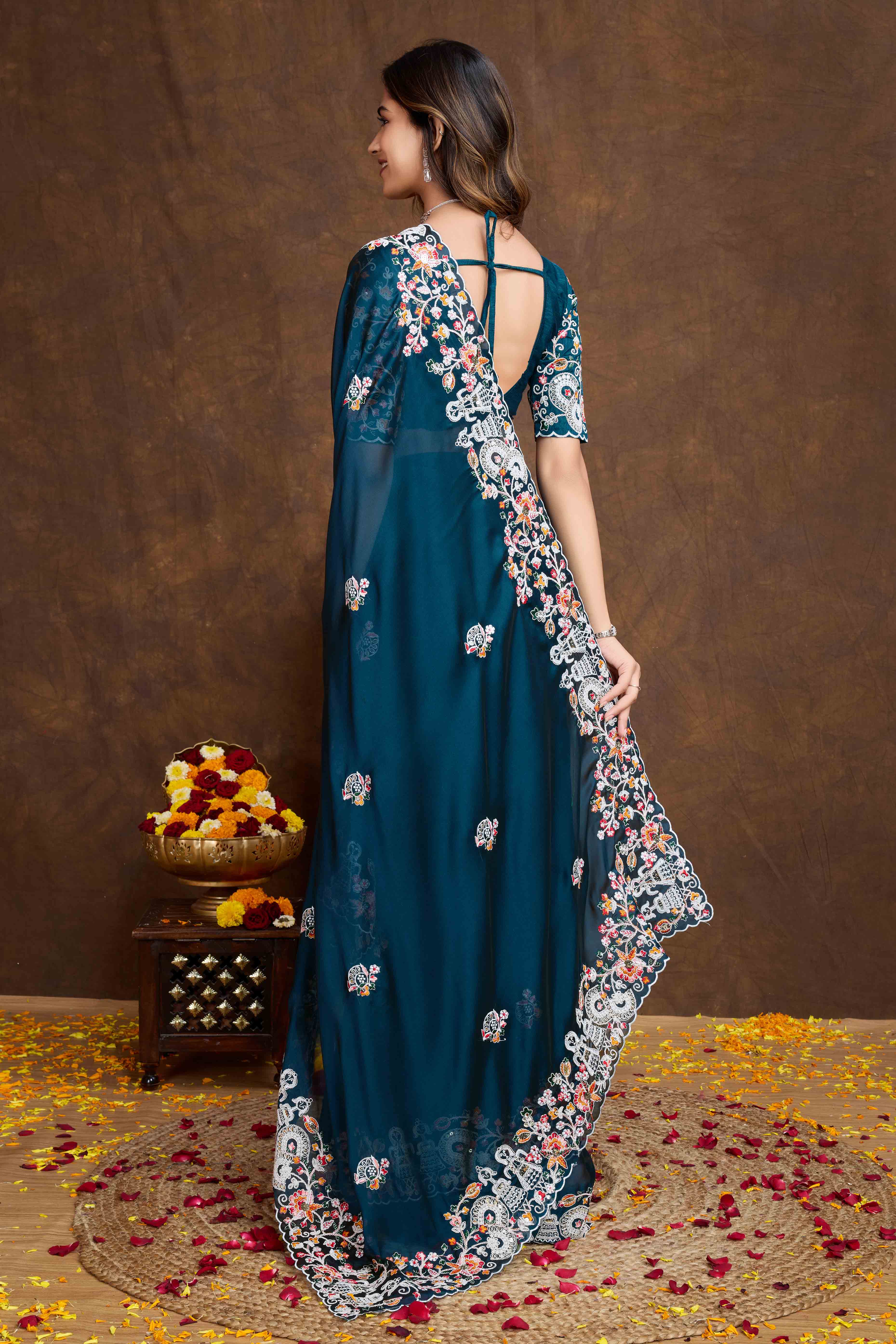 Morpich Blue Floral Sequins Embroidered Vichitra Rangoli Silk Saree - Image 5