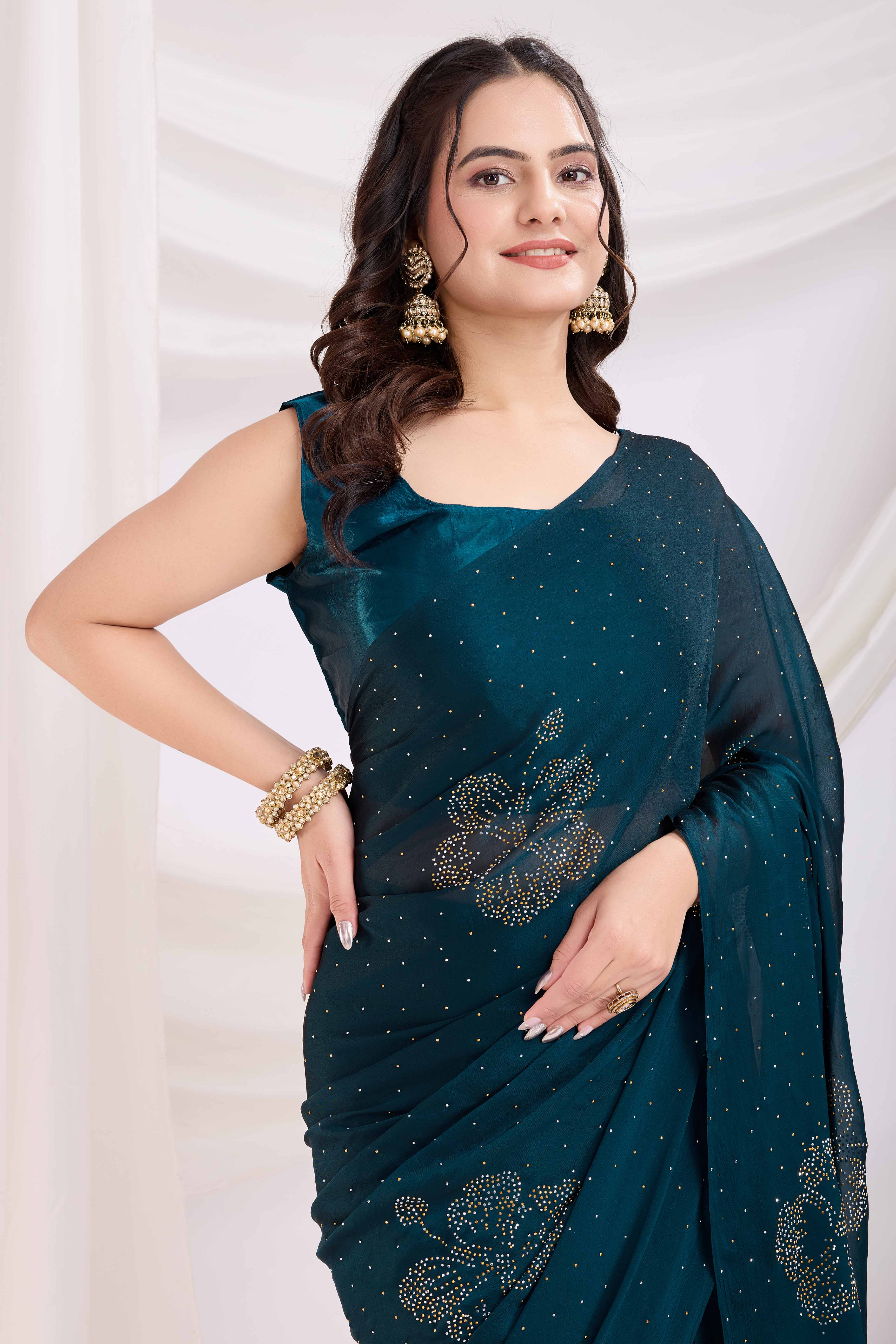 Morpich Blue Floral Swarovski Work Rangoli Art Silk Ready To Wear Saree - Image 6