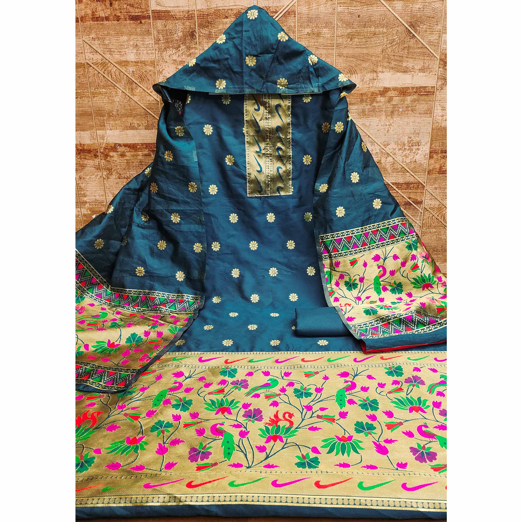Morpich Blue Floral Woven Paithani Banarasi Silk Dress Material - Image 3