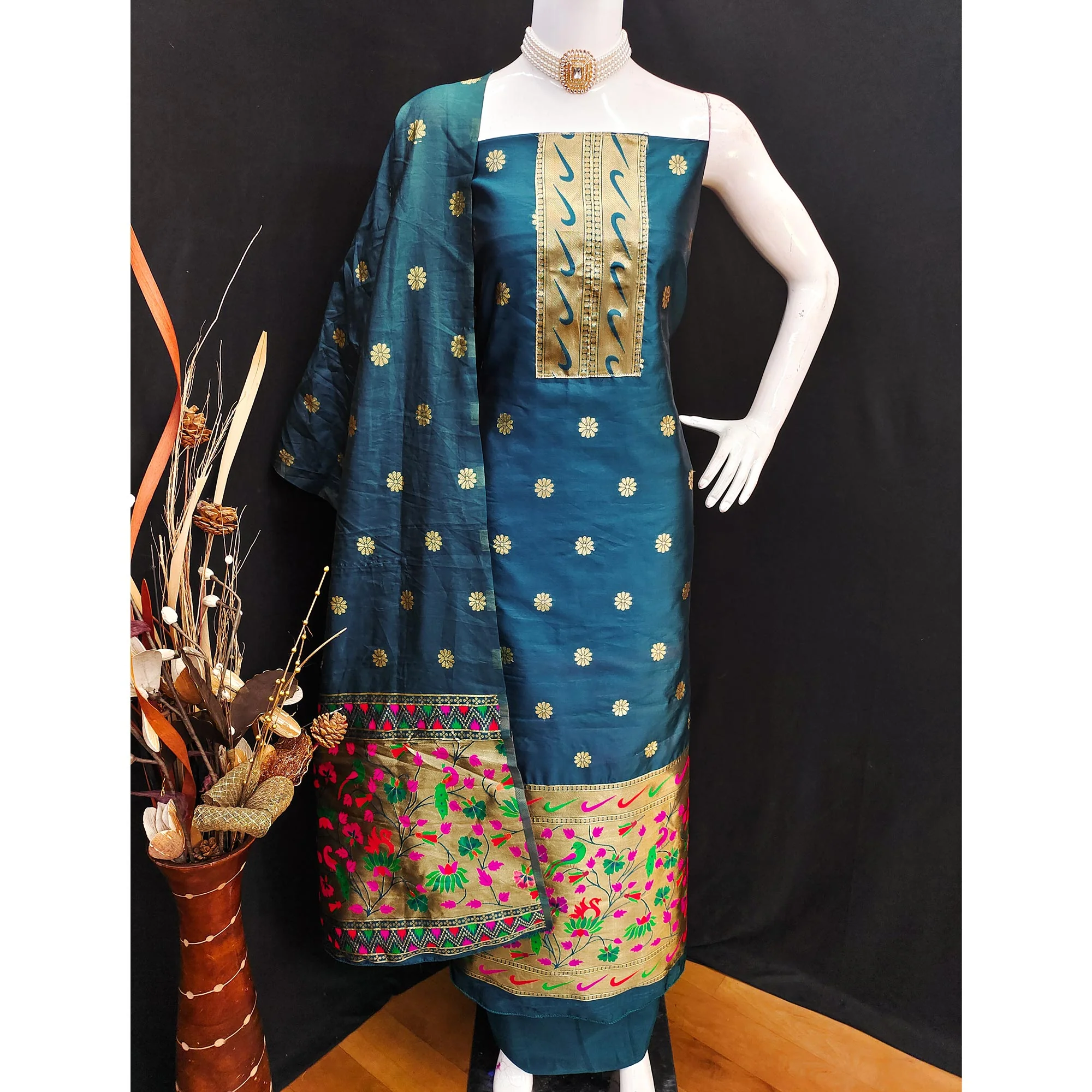 Morpich Blue Floral Woven Paithani Banarasi Silk Dress Material - Image 4