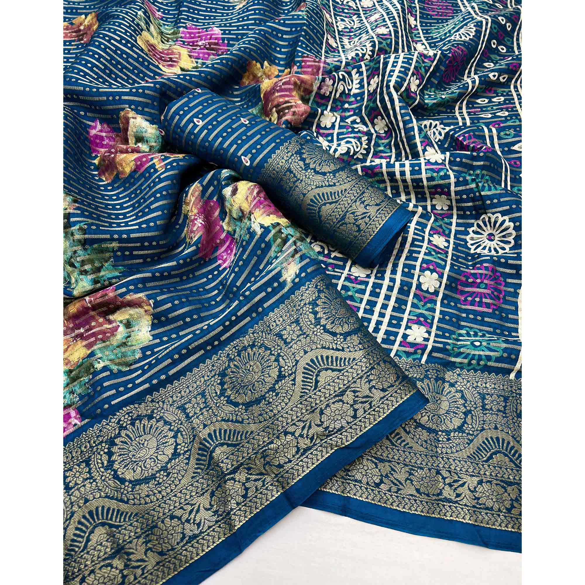 Morpich Blue Floral Woven With Printed Georgette Saree - Image 3