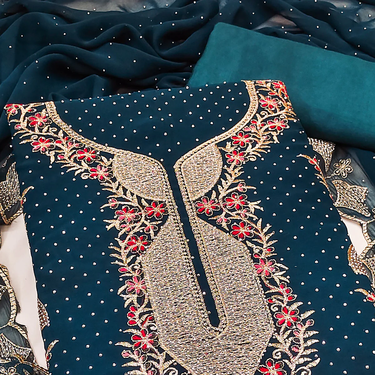 Morpich Blue Georgette Dress Material With Exquisite Floral Embroidery And Stonework - Image 2