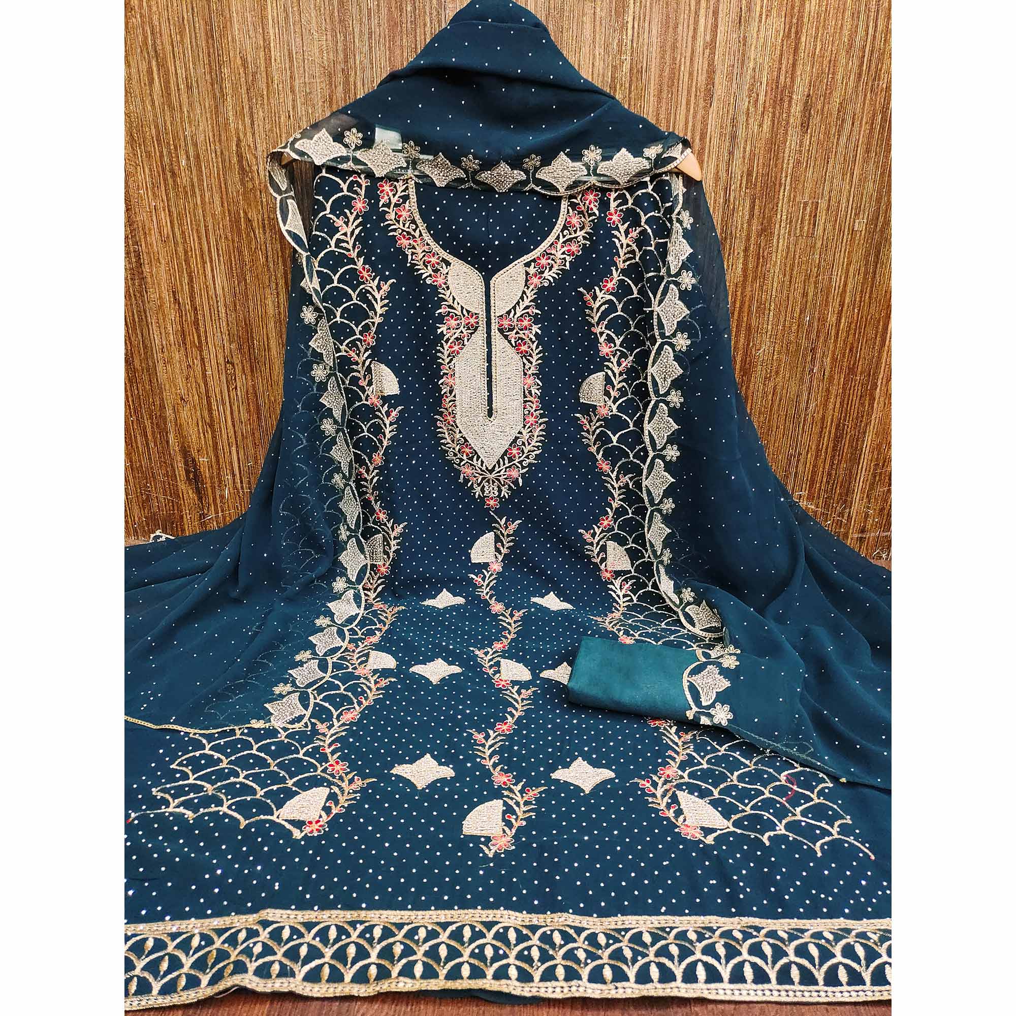 Morpich Blue Georgette Dress Material With Exquisite Floral Embroidery And Stonework - Image 3