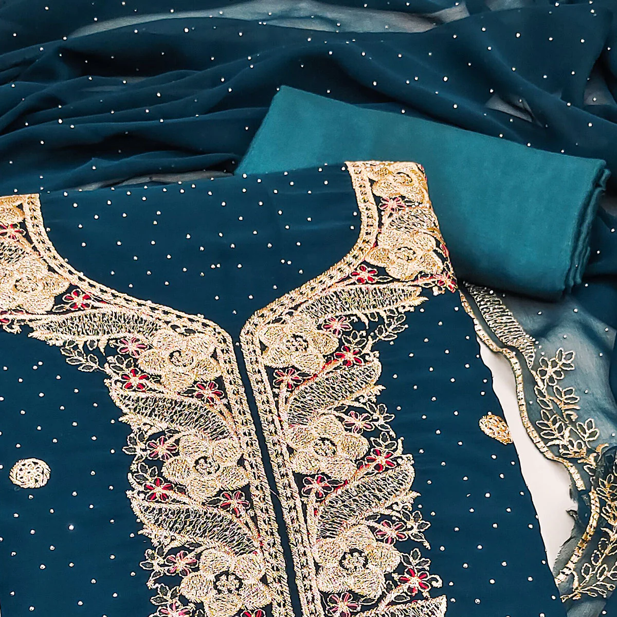 Morpich Blue Georgette Dress Material With Luxurious Floral Zari Embroidery & Stonework - Image 2