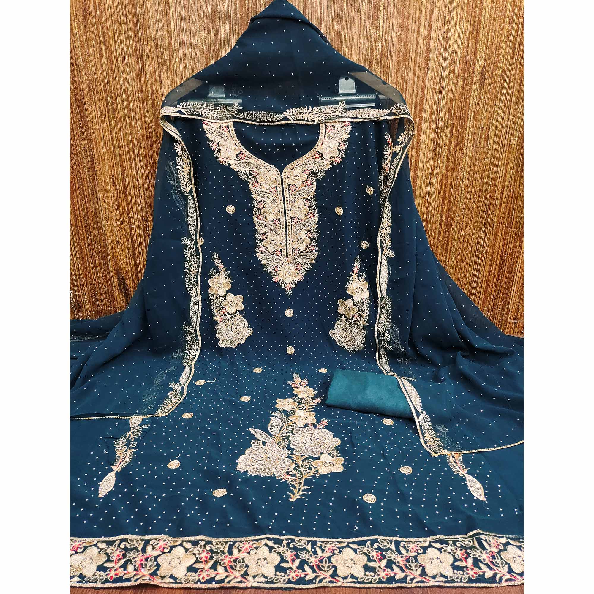 Morpich Blue Georgette Dress Material With Luxurious Floral Zari Embroidery & Stonework - Image 3