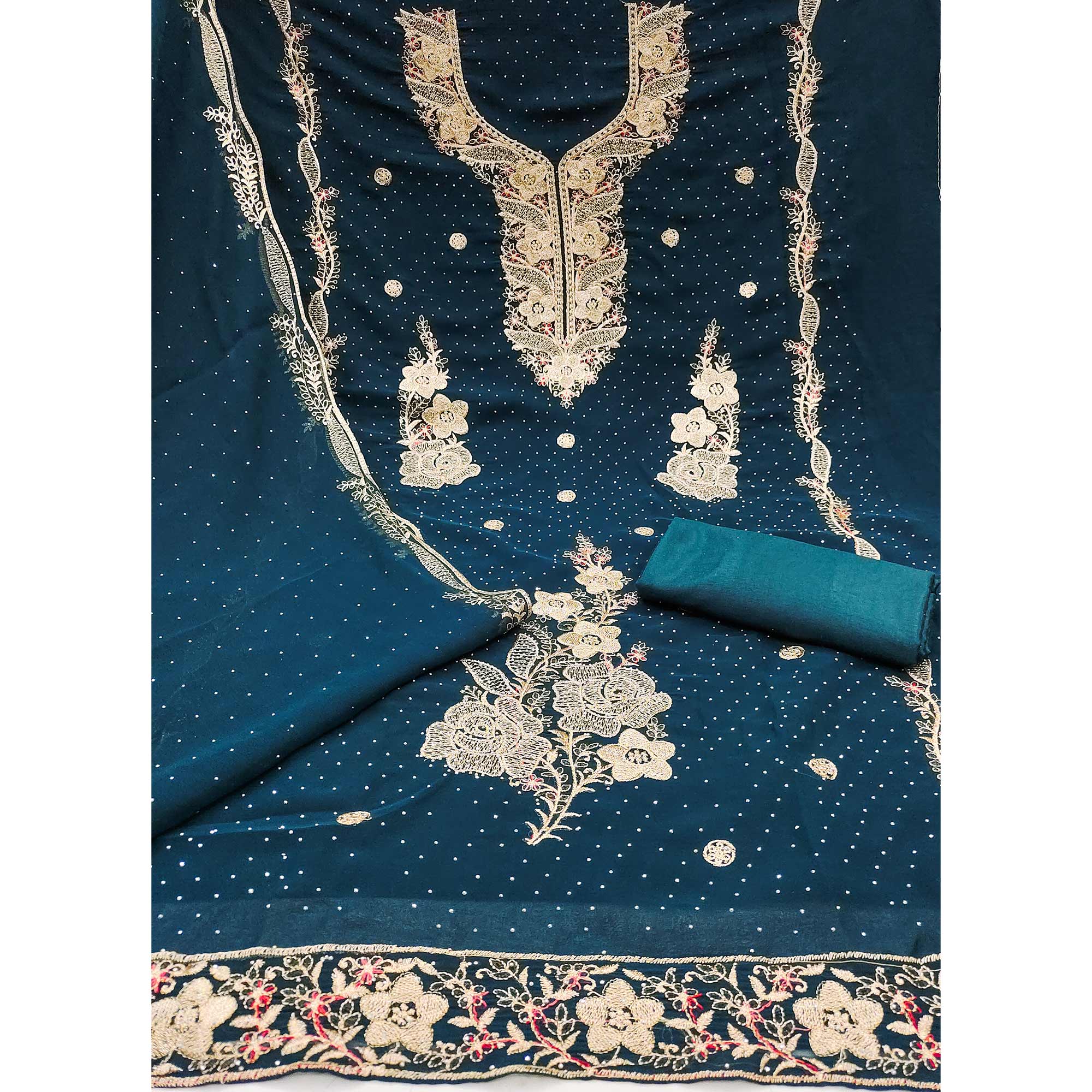 Morpich Blue Georgette Dress Material With Luxurious Floral Zari Embroidery & Stonework - Image 4