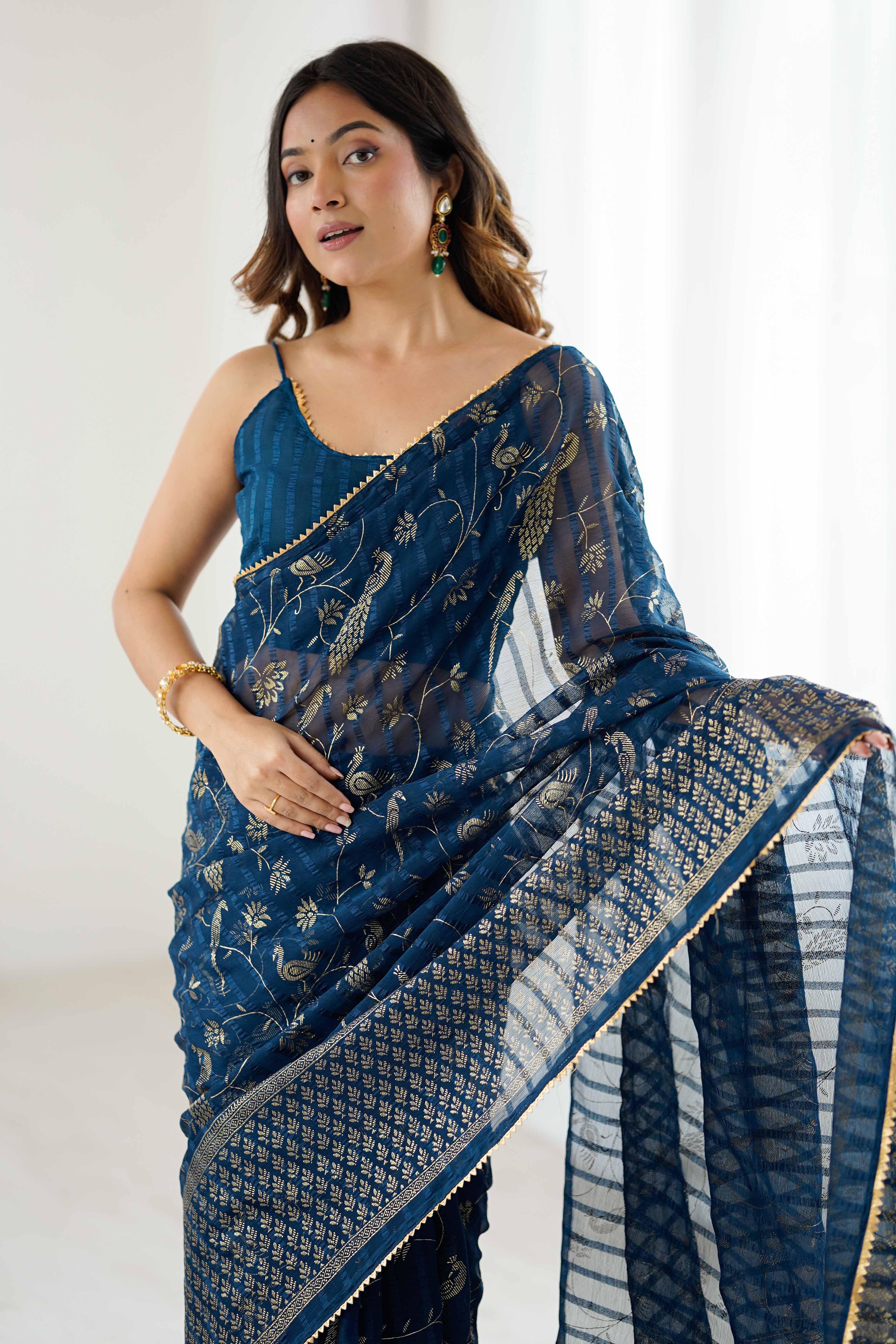 Morpich Blue Georgette Saree with Shimmering Foil Print & Gota Patti Border - Image 6