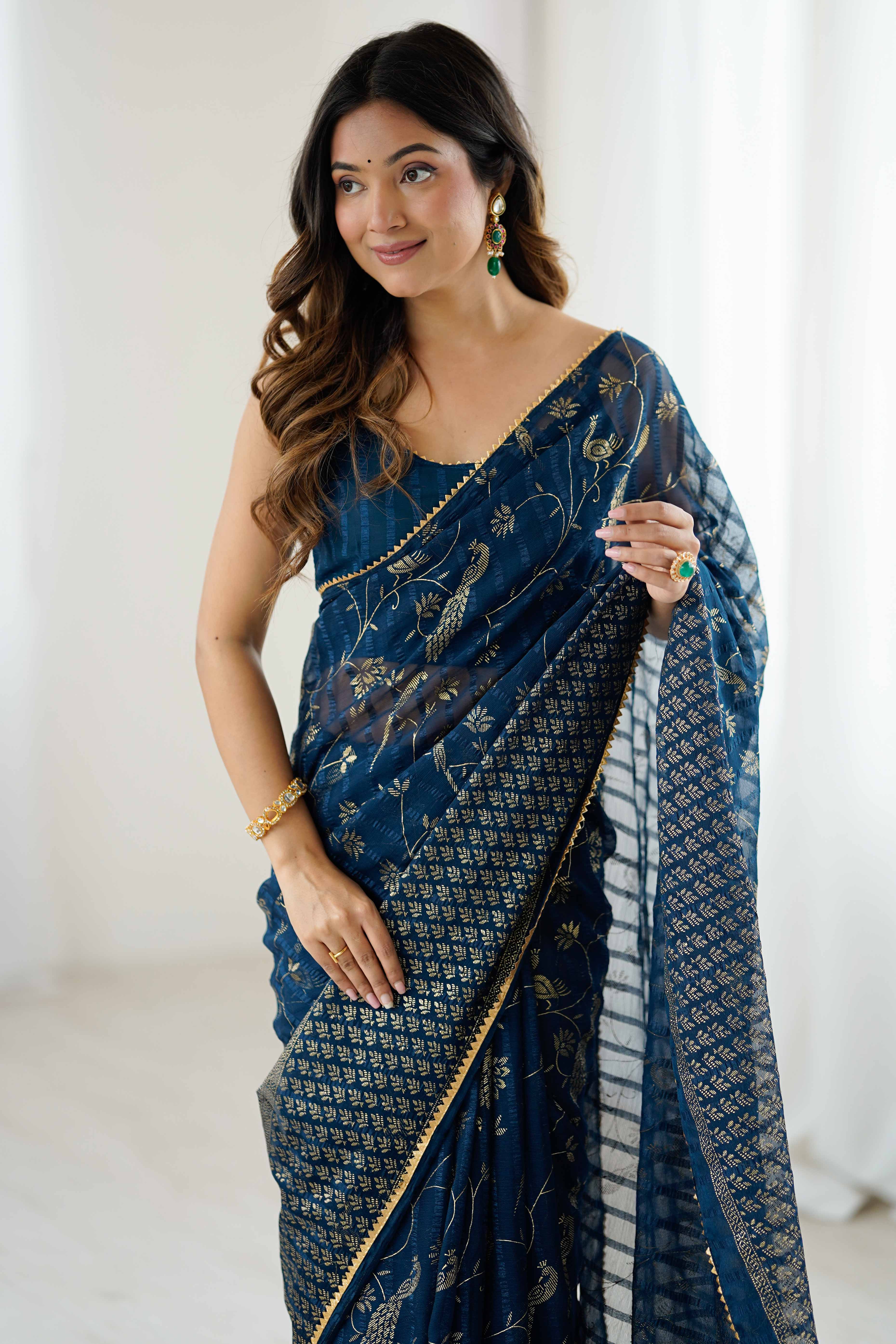 Morpich Blue Georgette Saree with Shimmering Foil Print & Gota Patti Border - Image 7