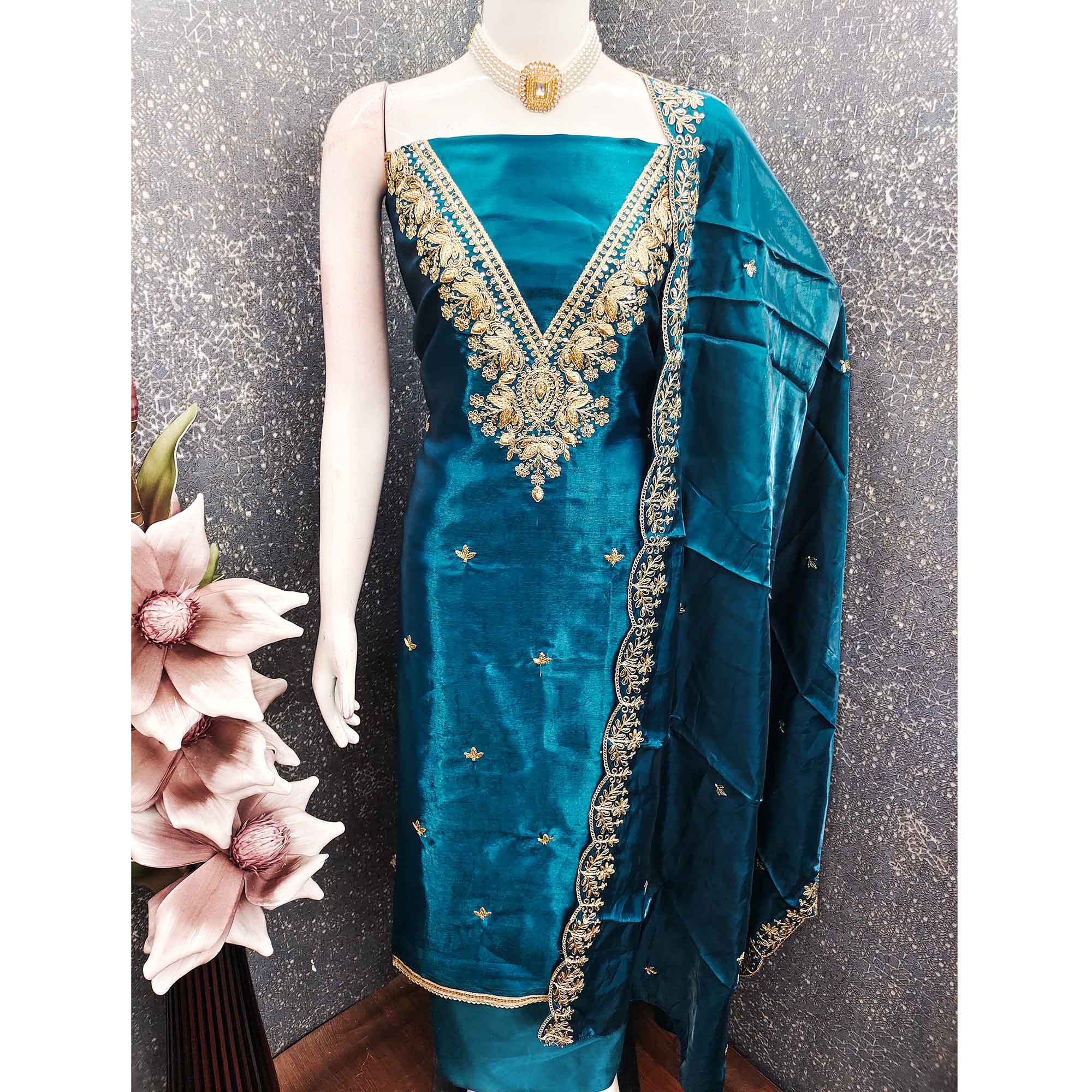 Morpich Blue Organza Dress Material With Elegant Thread Embroidery - Image 5