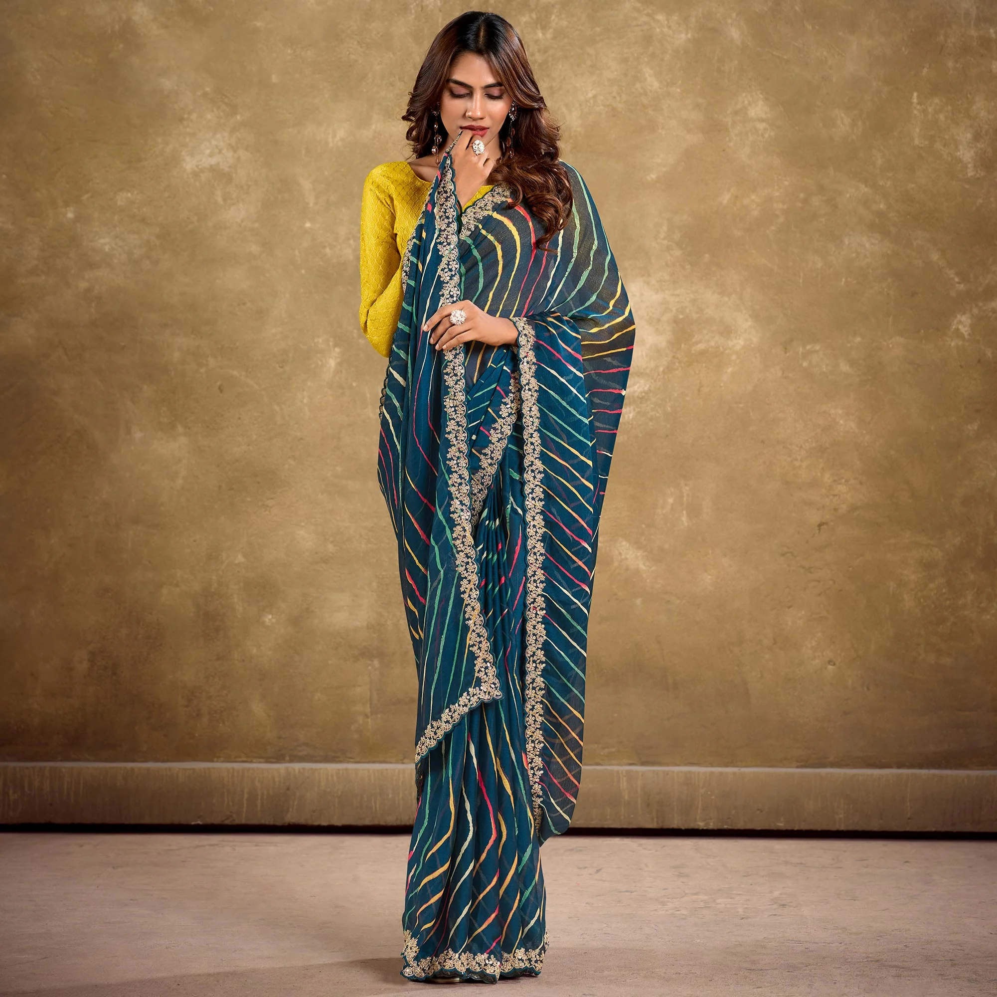 Morpich Blue Printed Chiffon Saree With Sequins Border - Image 2