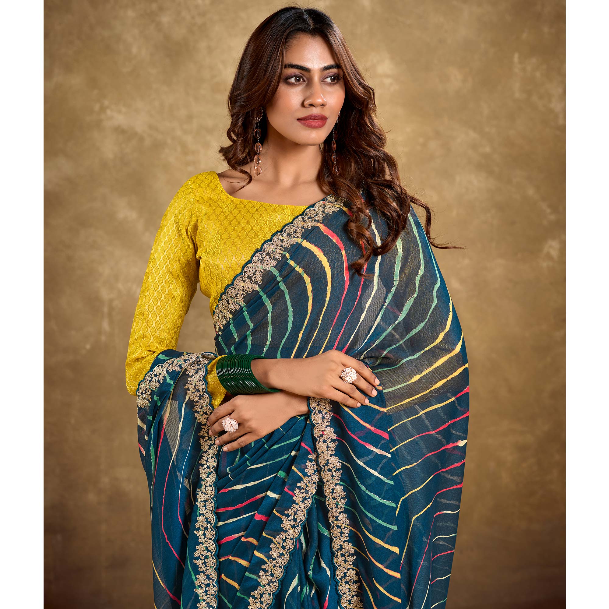 Morpich Blue Printed Chiffon Saree With Sequins Border - Image 3