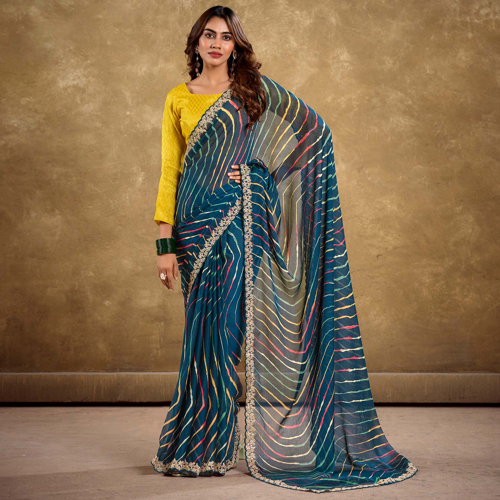 Morpich Blue Printed Chiffon Saree With Sequins Border - Image 4