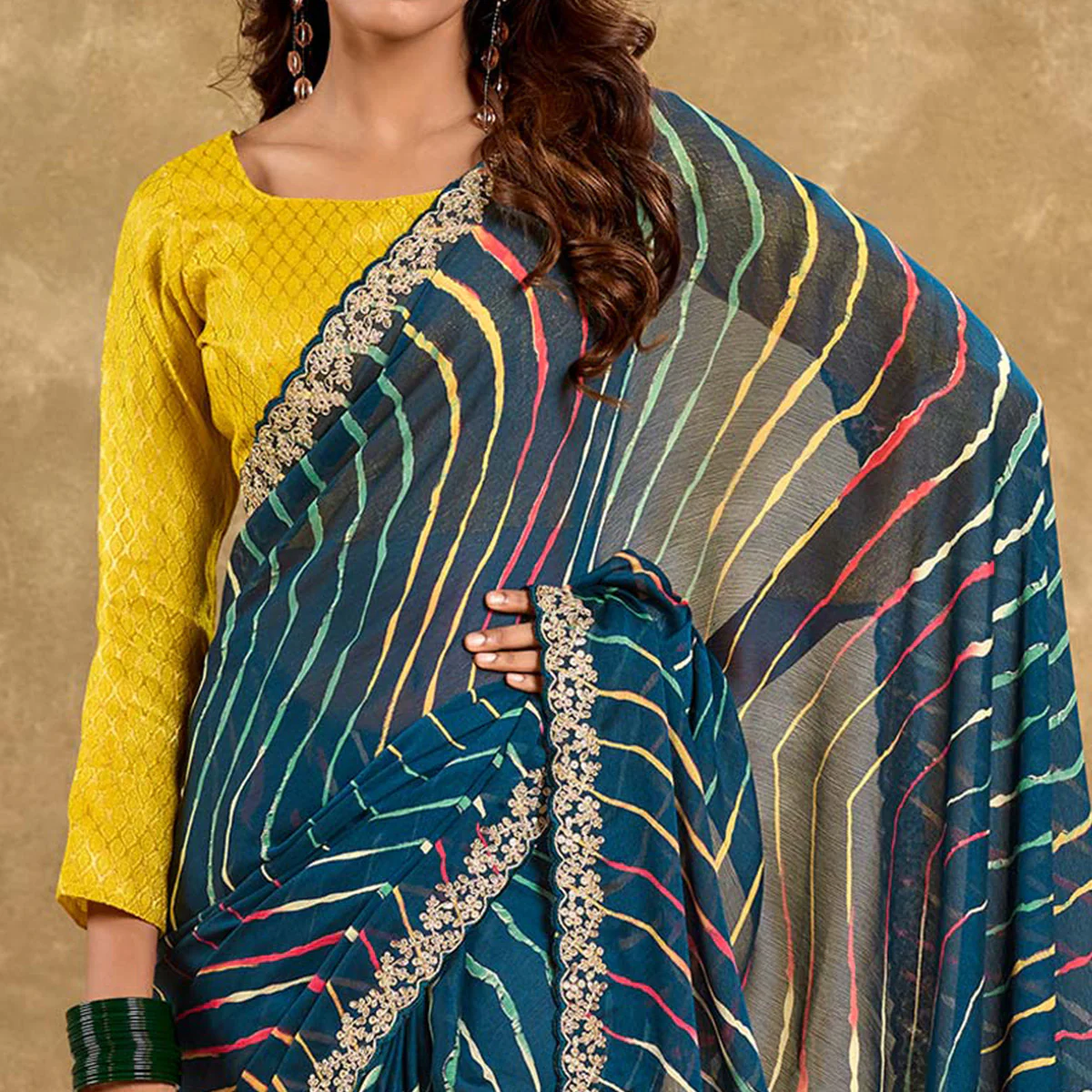 Morpich Blue Printed Chiffon Saree With Sequins Border - Image 5