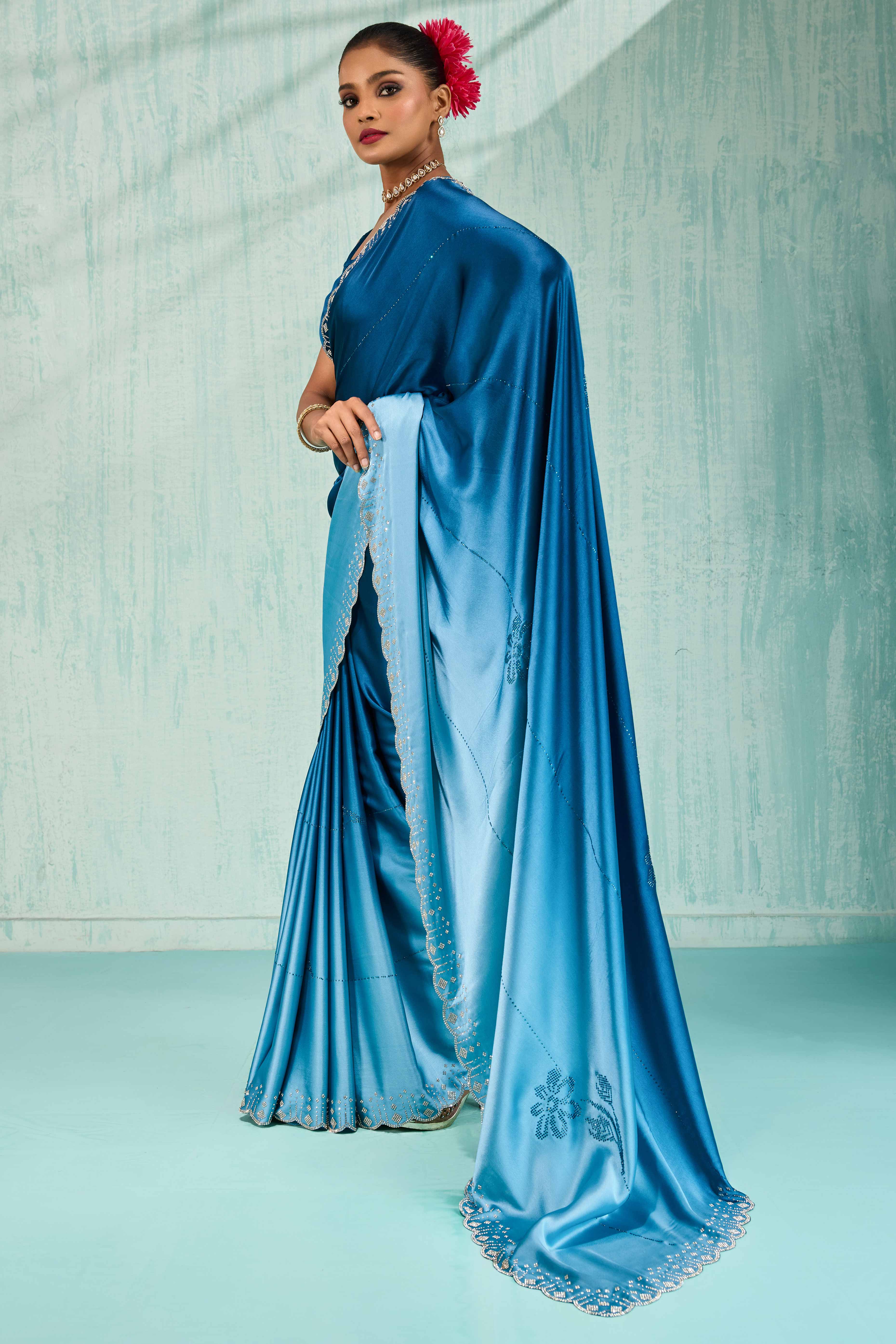 Morpich Blue Satin Ombre Saree Adorned With Rhinestone Crystal Handwork & Elegant Scalloped Border - Image 3