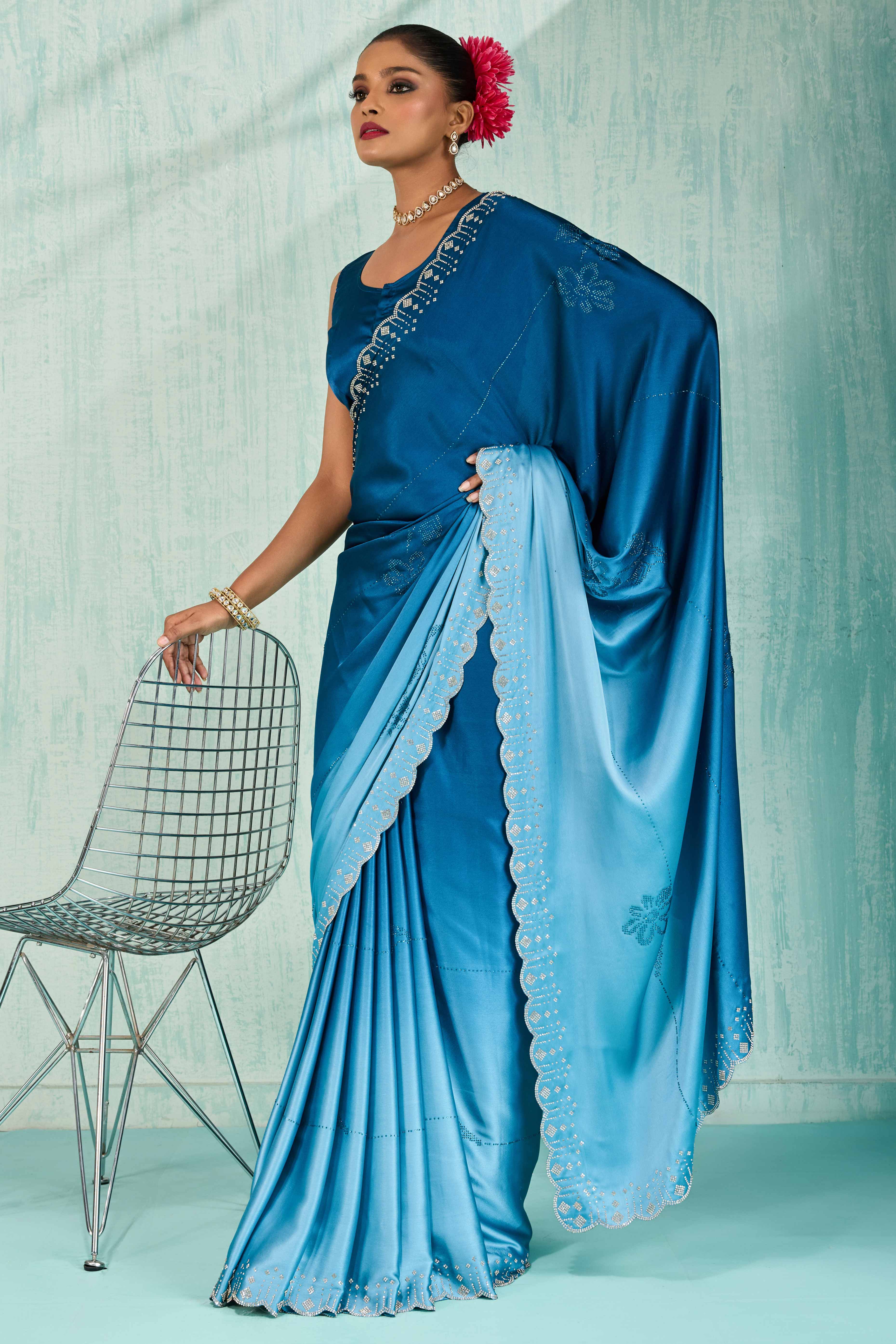 Morpich Blue Satin Ombre Saree Adorned With Rhinestone Crystal Handwork & Elegant Scalloped Border - Image 4