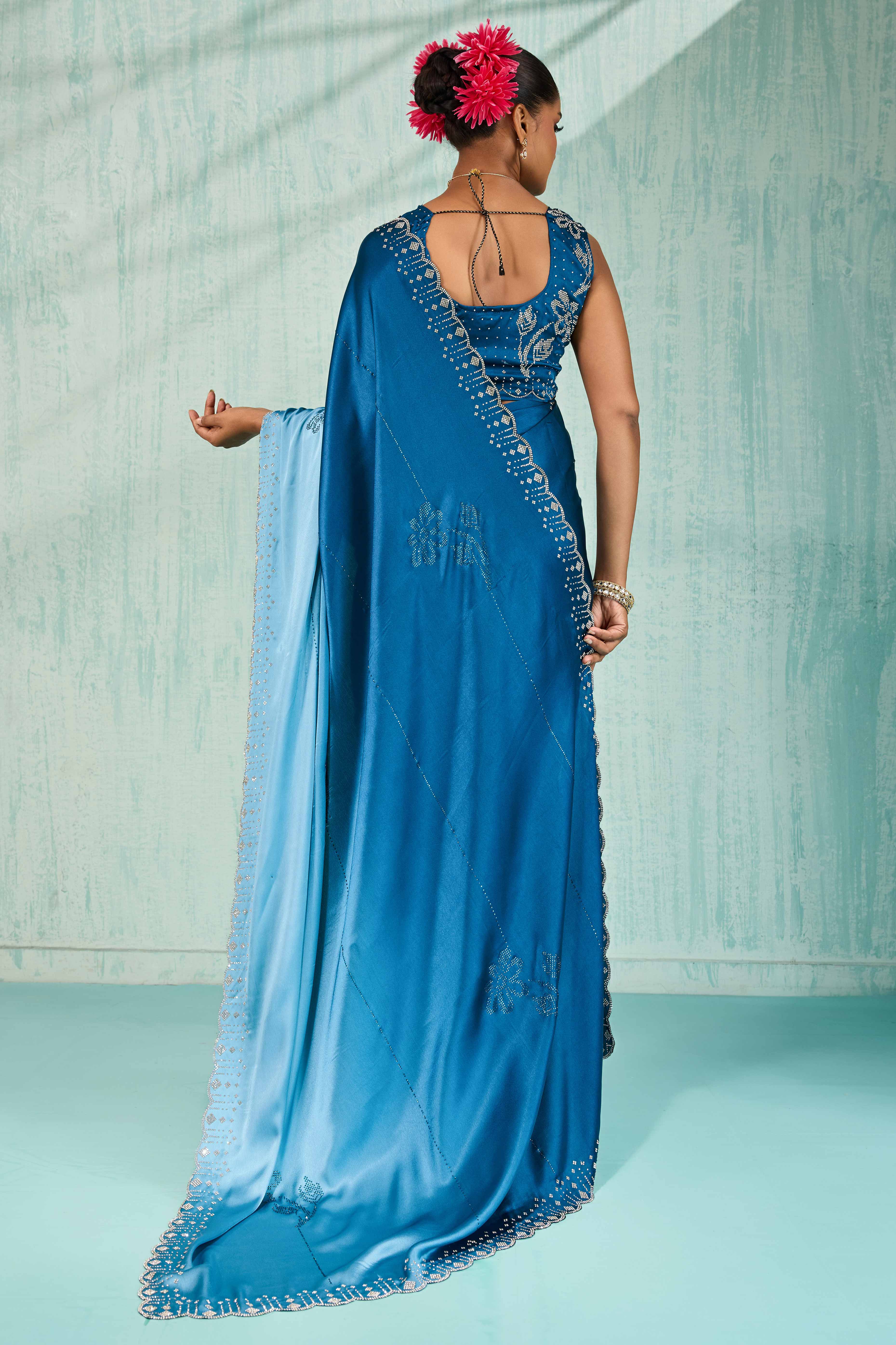 Morpich Blue Satin Ombre Saree Adorned With Rhinestone Crystal Handwork & Elegant Scalloped Border - Image 5