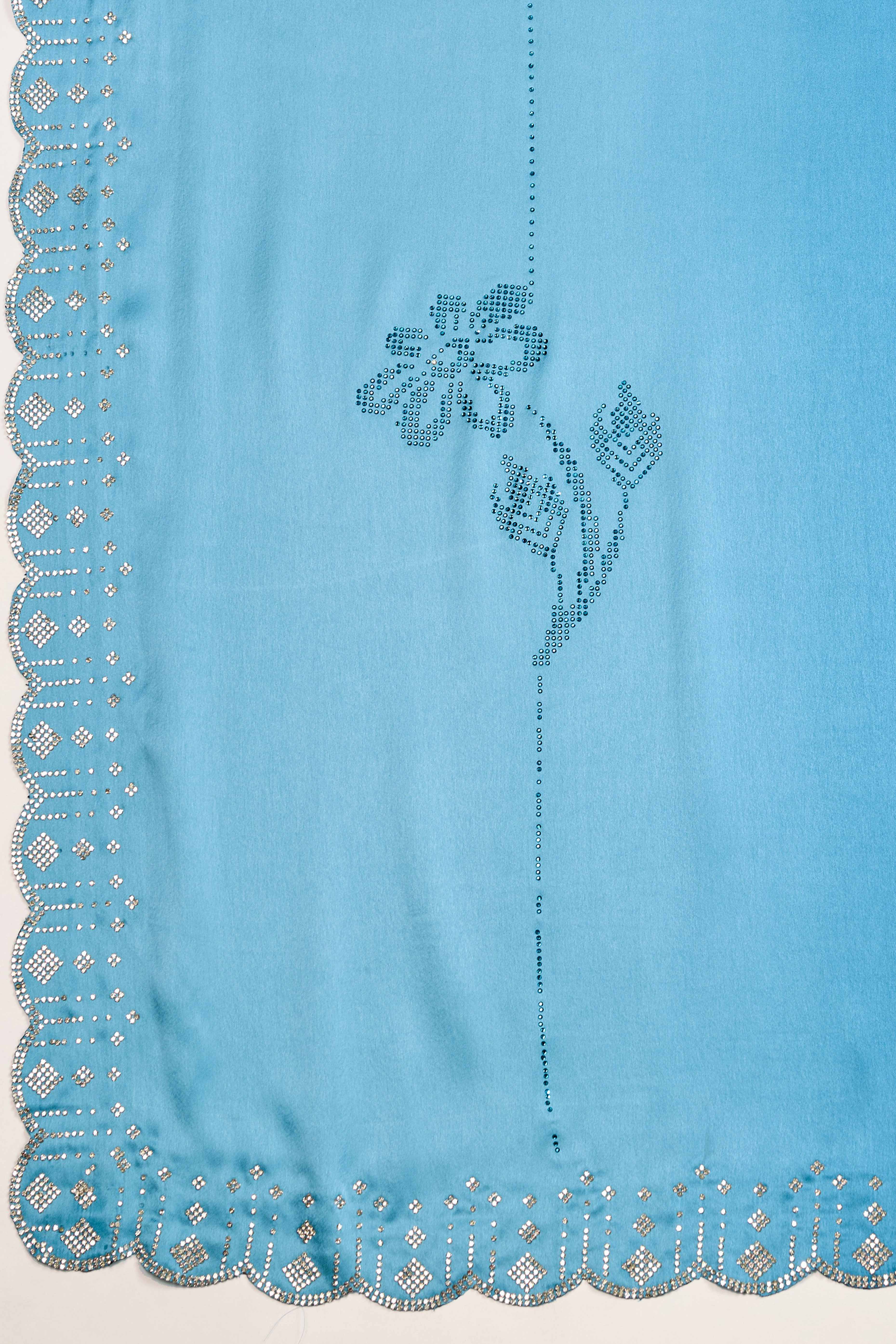 Morpich Blue Satin Ombre Saree Adorned With Rhinestone Crystal Handwork & Elegant Scalloped Border - Image 8