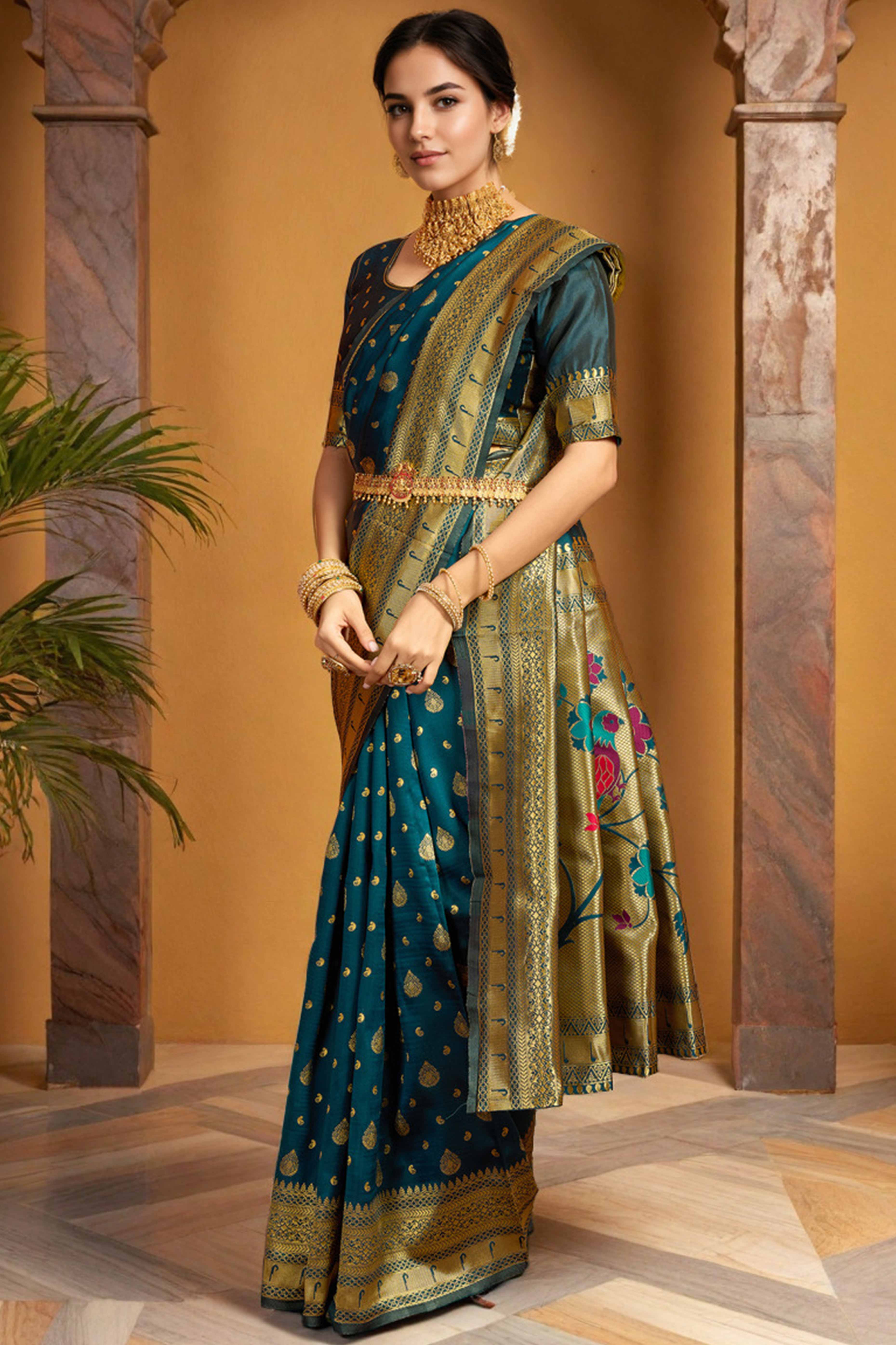 Morpich Blue Silk Blend Paithani Saree Showcasing Rich Zari Weaving With Birds & Floral Accents - Image 3