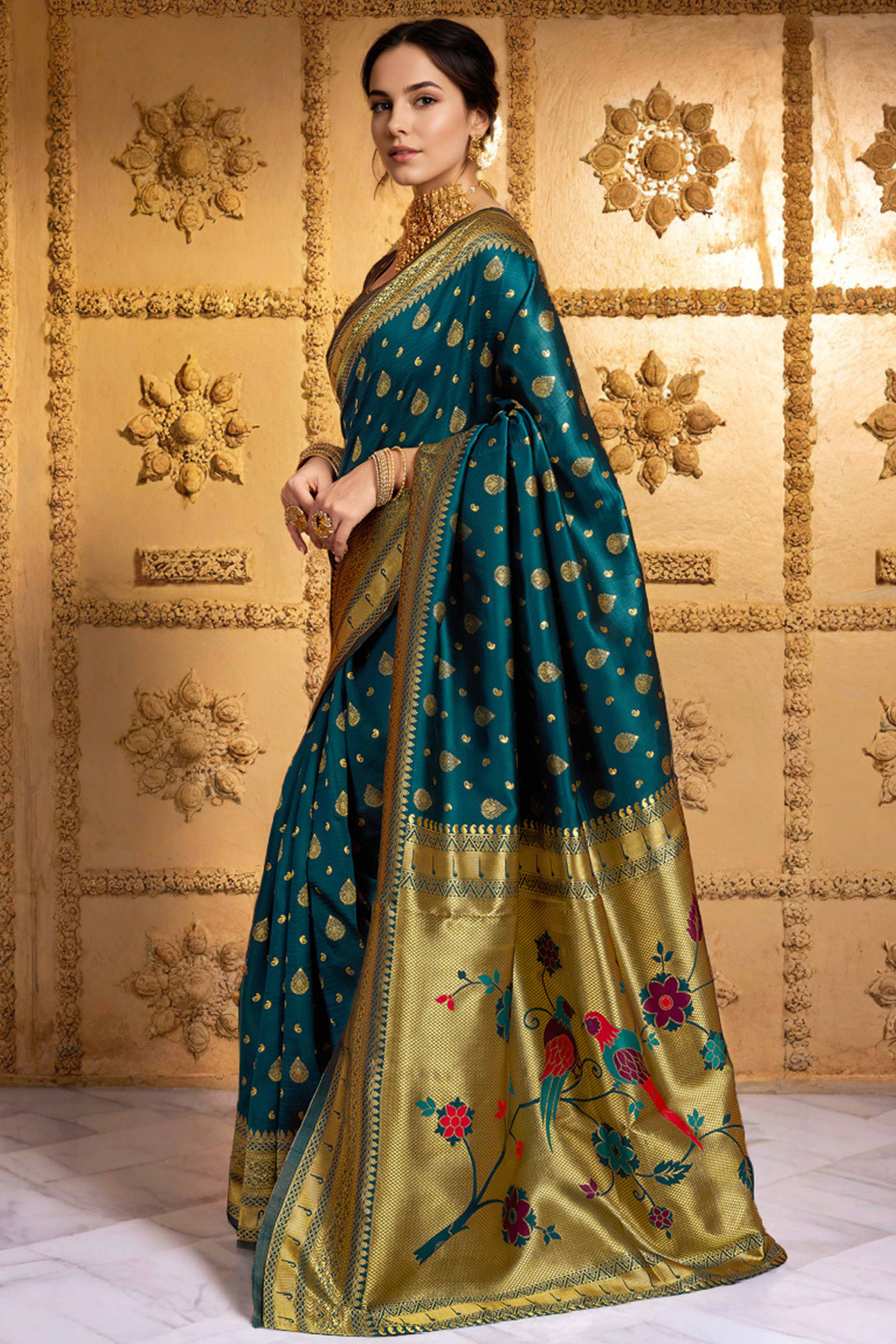 Morpich Blue Silk Blend Paithani Saree Showcasing Rich Zari Weaving With Birds & Floral Accents - Image 4