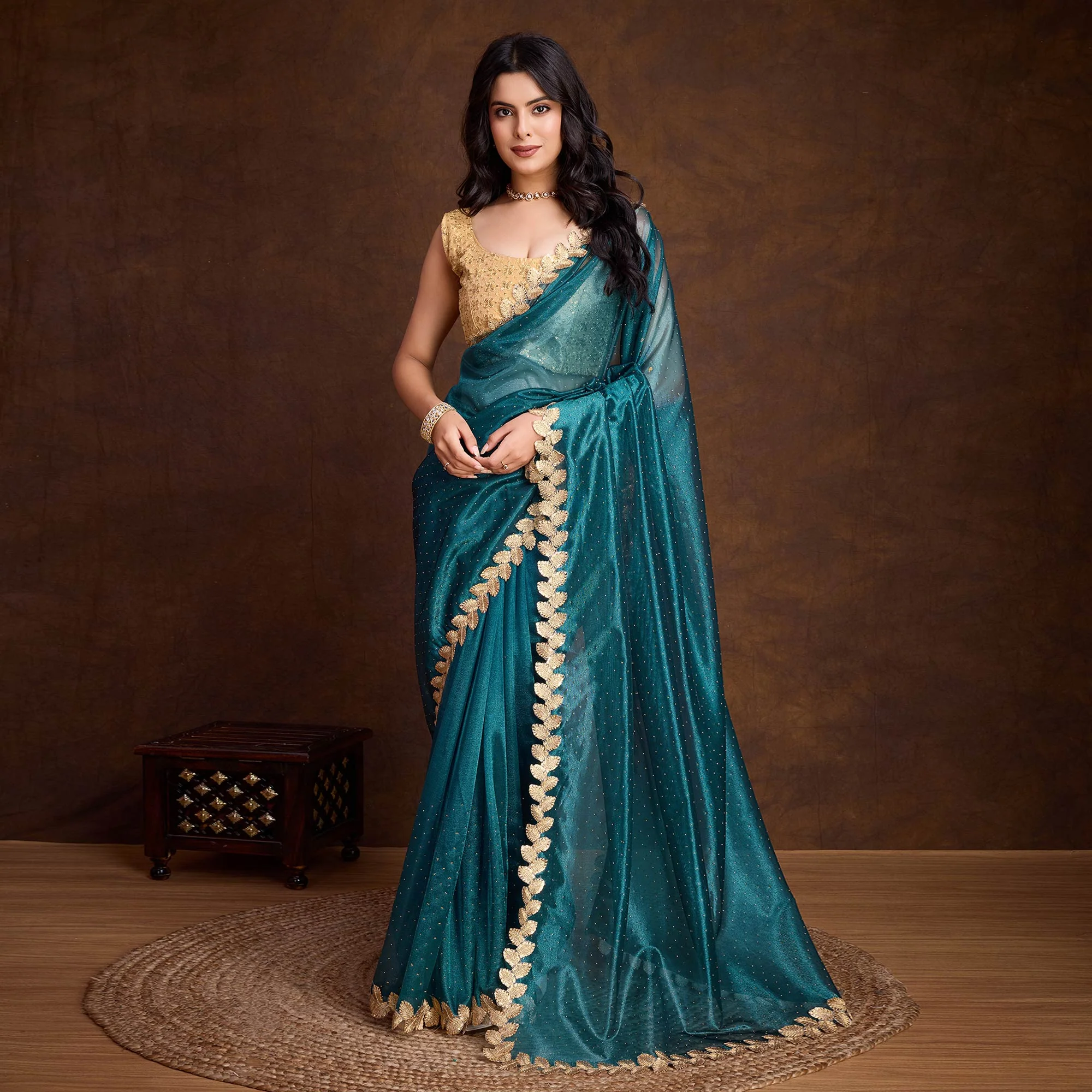Morpich Blue Swarovski Work Shimmer Net Saree - Image 2