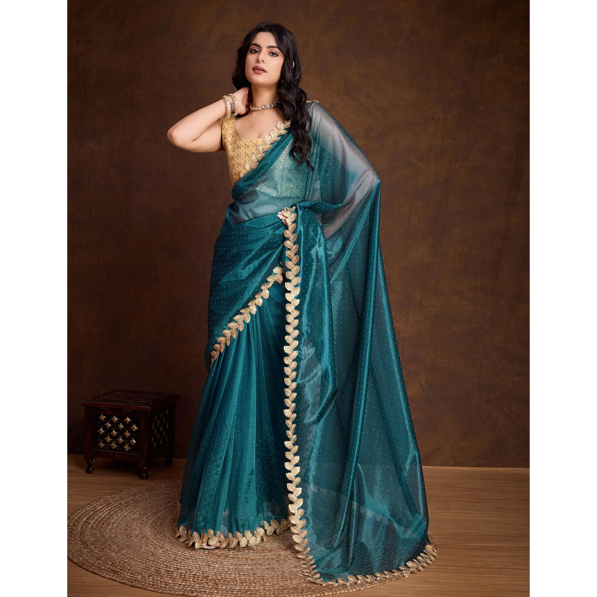 Morpich Blue Swarovski Work Shimmer Net Saree - Image 4