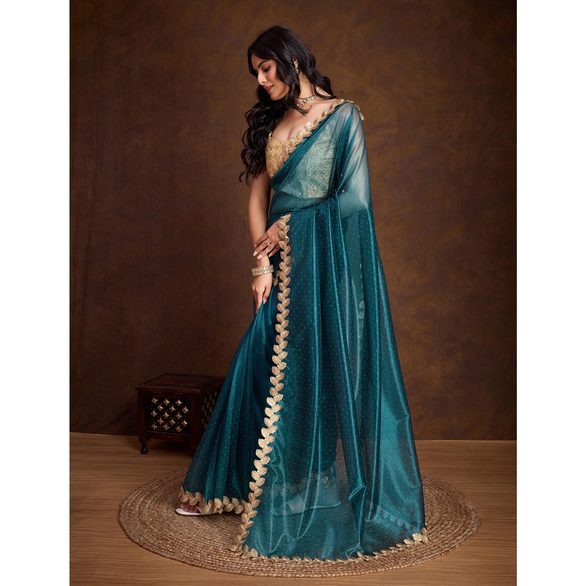 Morpich Blue Swarovski Work Shimmer Net Saree - Image 5