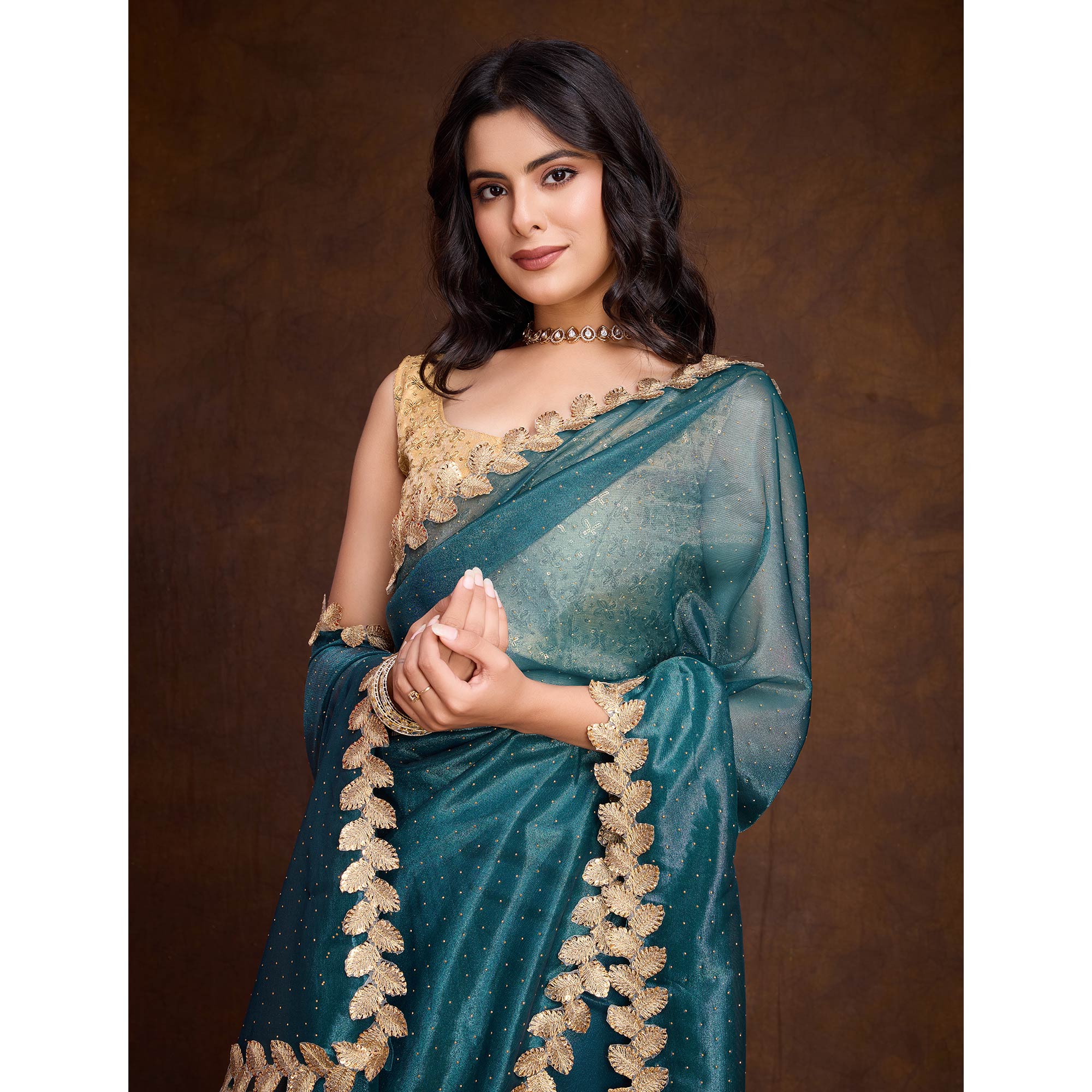 Morpich Blue Swarovski Work Shimmer Net Saree - Image 7