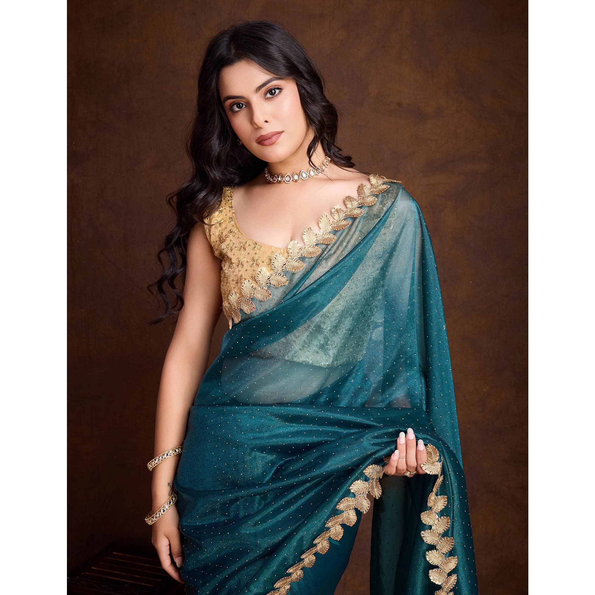Morpich Blue Swarovski Work Shimmer Net Saree - Image 8