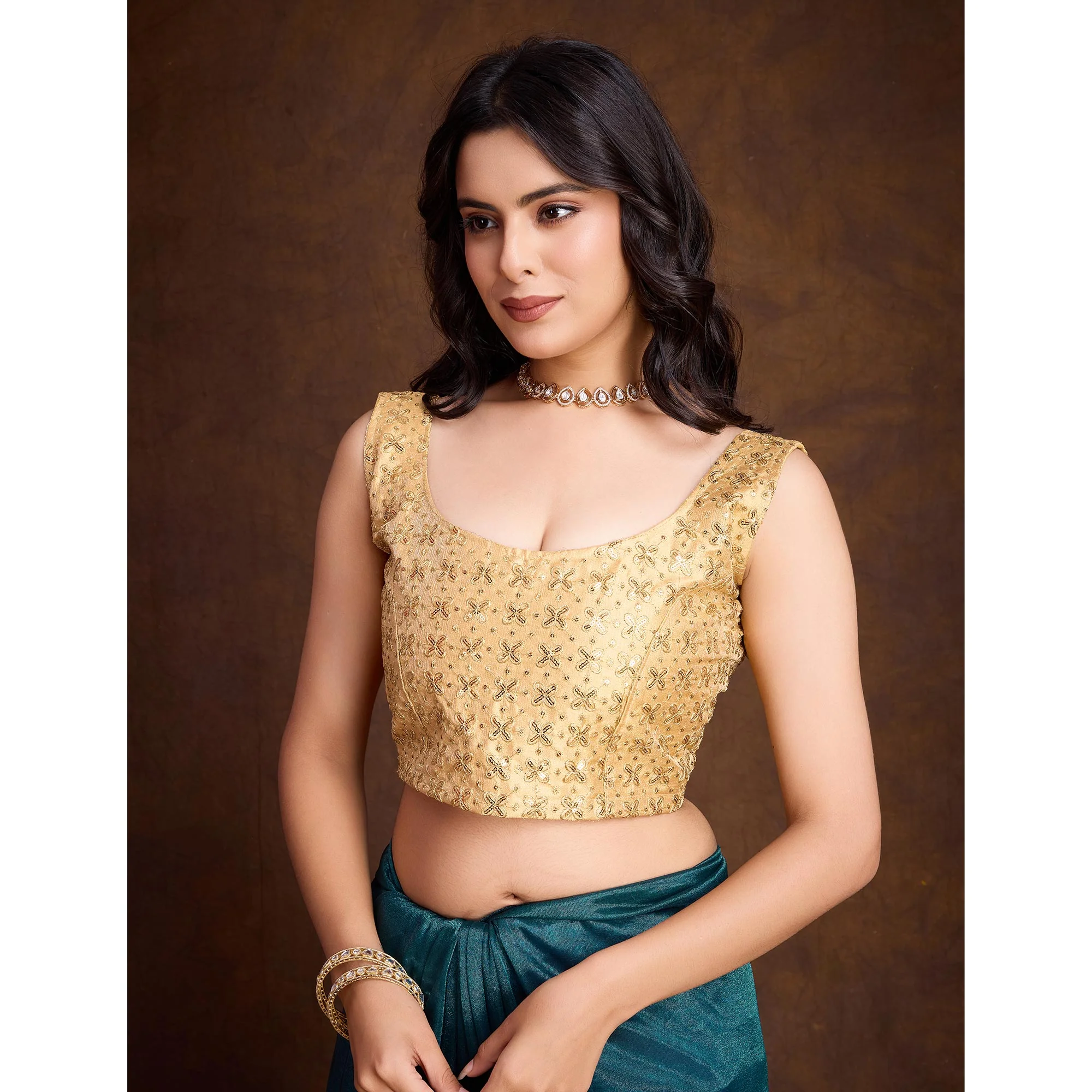 Morpich Blue Swarovski Work Shimmer Net Saree - Image 9