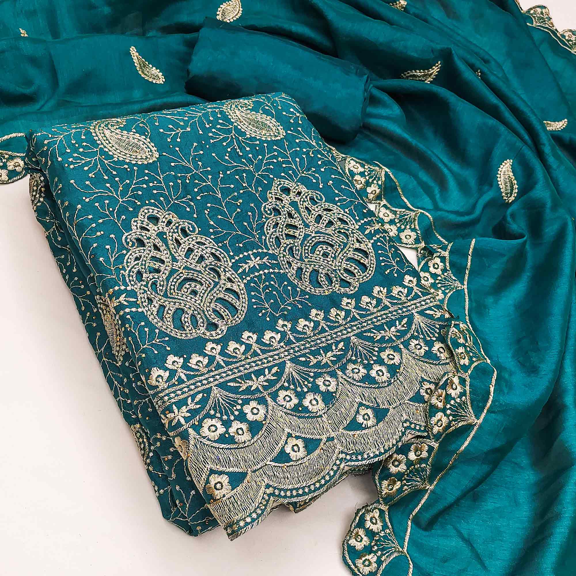 Morpich Blue Vichitra Silk Dress Material Showcasing Paisley & Floral Embroidery With Swarovski - Image 3