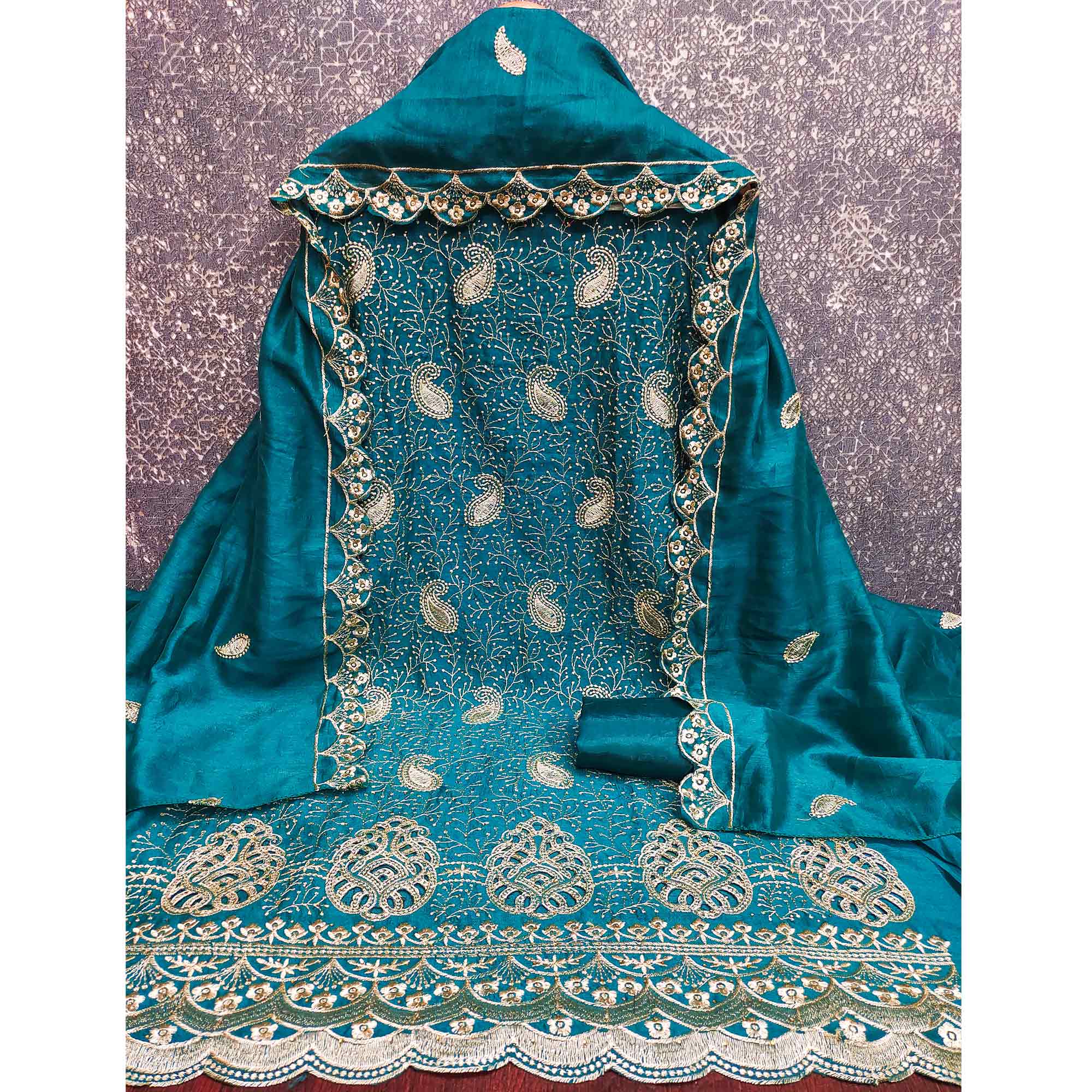 Morpich Blue Vichitra Silk Dress Material Showcasing Paisley & Floral Embroidery With Swarovski - Image 4