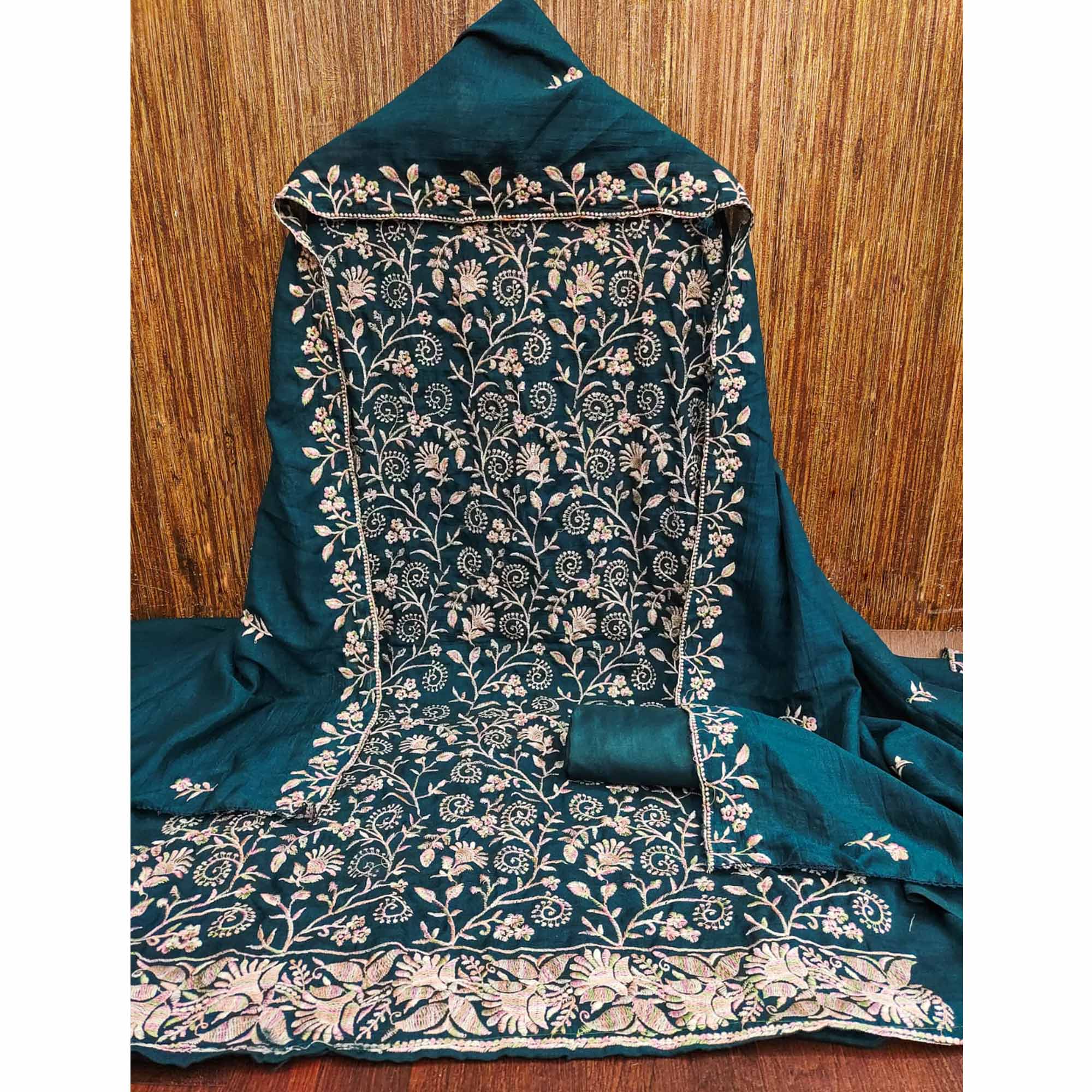 Morpich Blue Vichitra Silk Dress Material With Elegant Floral Thread Embroidery - Image 3