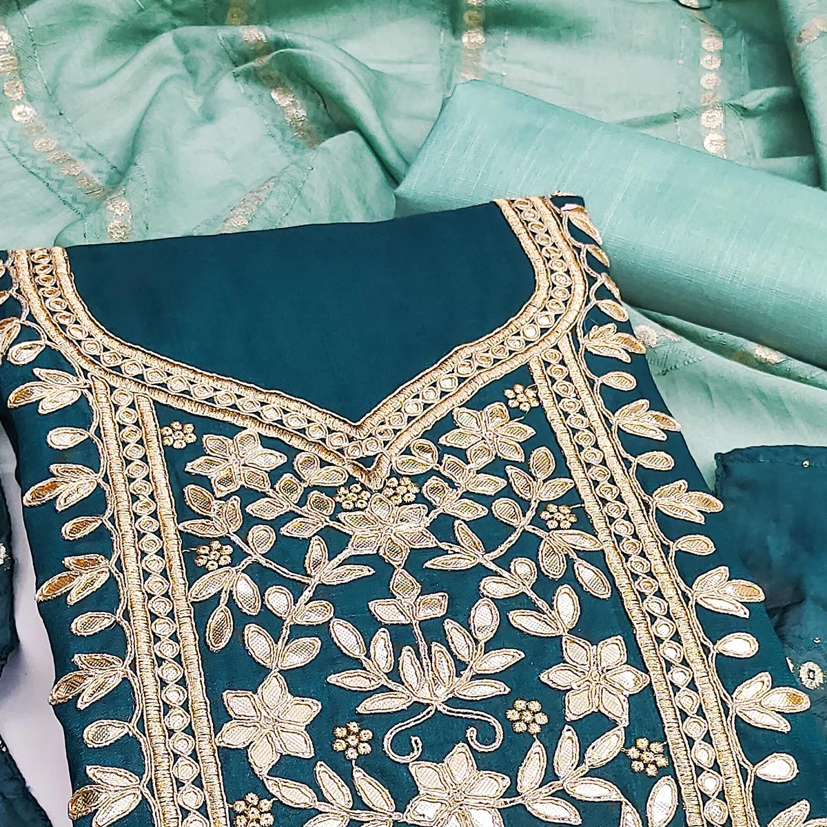 Morpich Blue Vichitra Silk Dress Material With Exquisite Floral Embroidery & Gota Patti Accents - Image 2